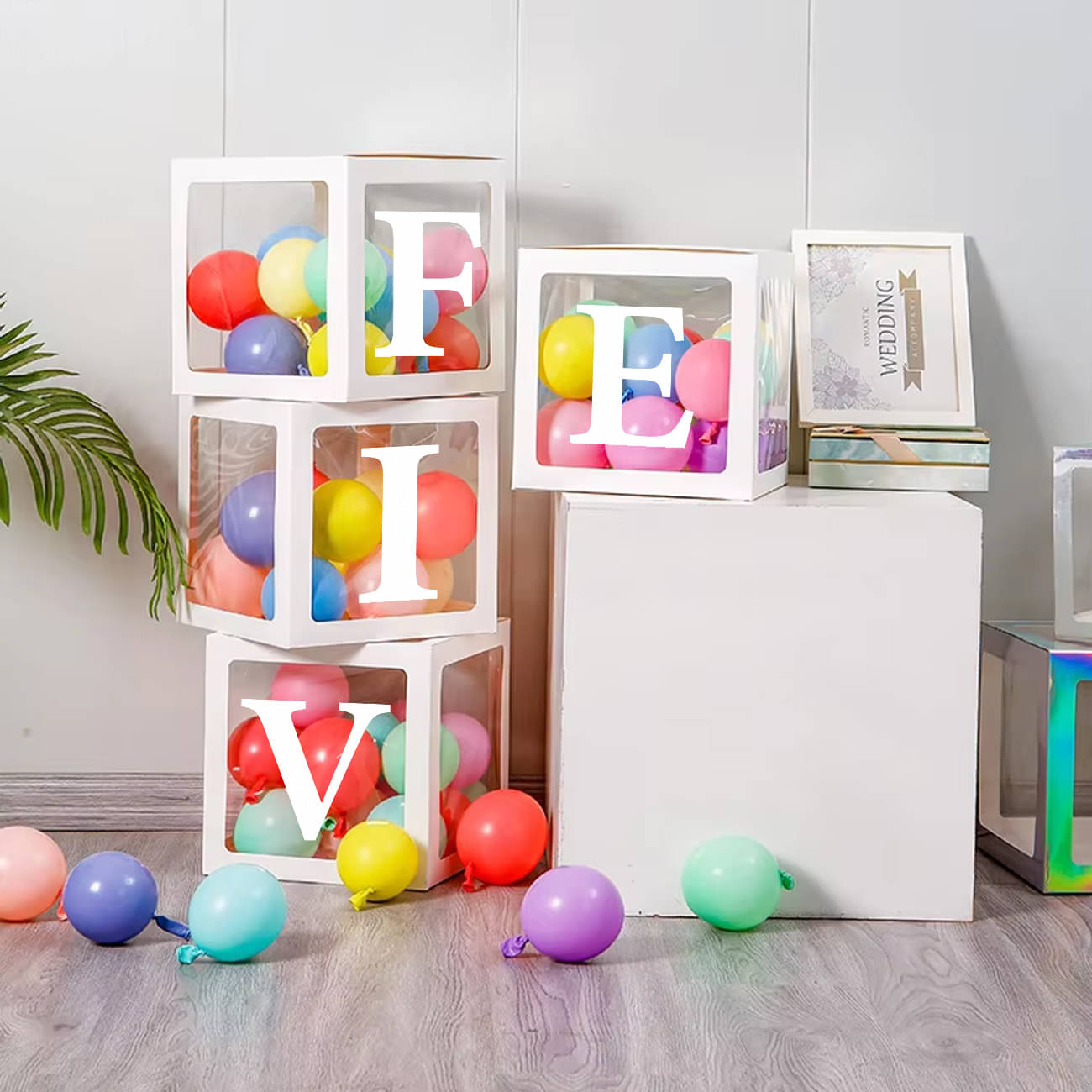     			Bubble Bells White 5th Birthday Decoration Balloon Boxes For Five Birthday Transparent Alphabet Balloon Boxes for Baby Shower, Girl & Boy Birthday Party | Birthday Background Decoration Kit - Set of 4 Boxes"