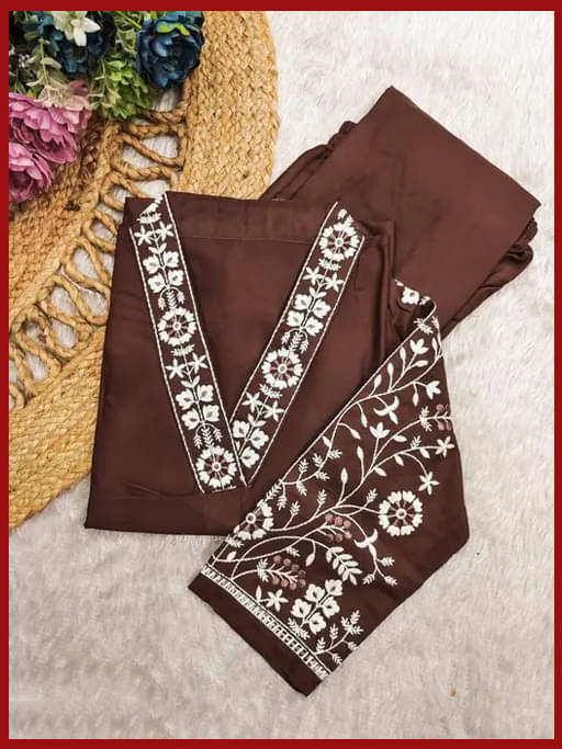     			CITYTALK Women Cotton Blend Embroidered Straight Kurti With Pants ( Brown )