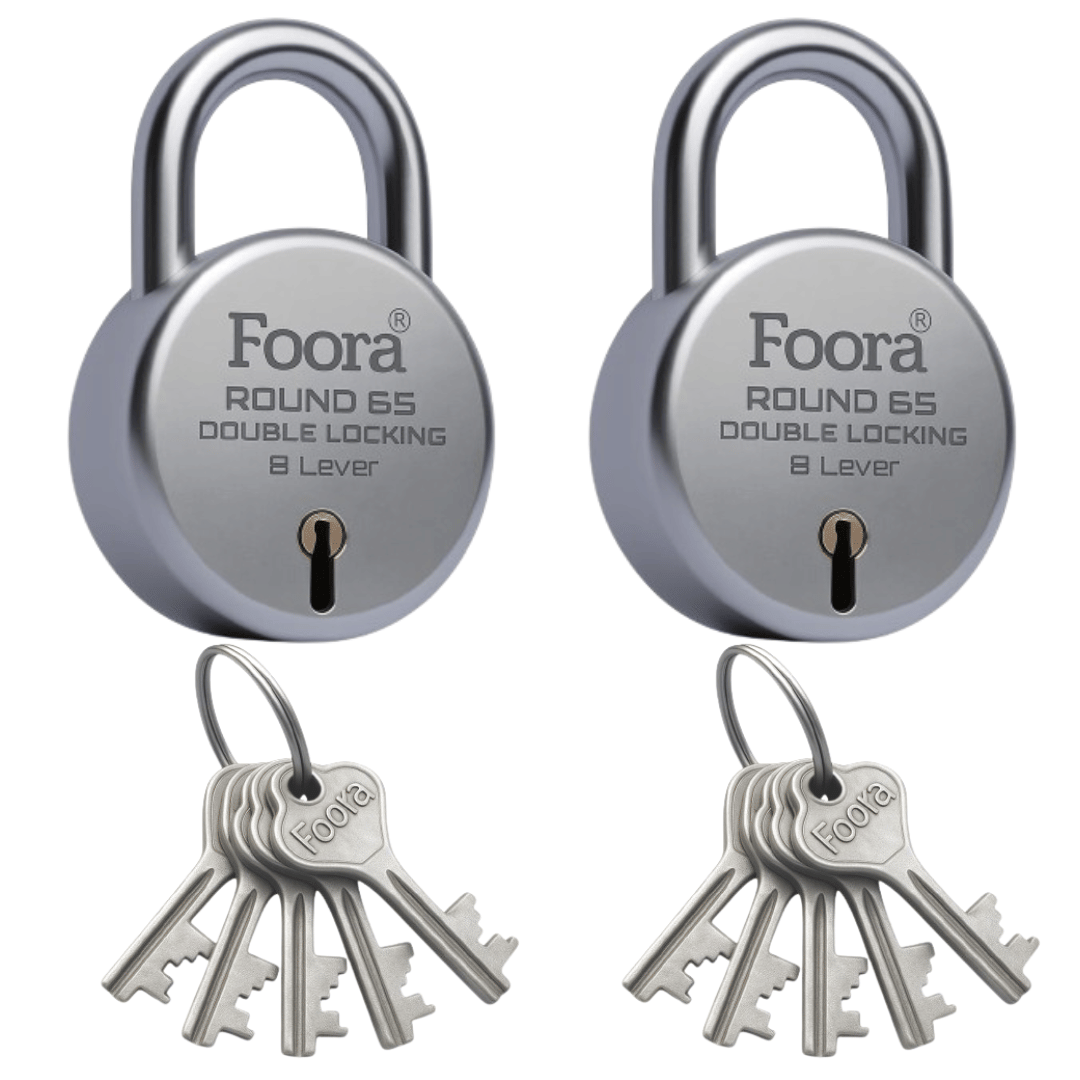     			Foora Round 65mm Lock with 5 Keys – (Pack Of 2) Security Padlock For Gates,Shutter (Silver)