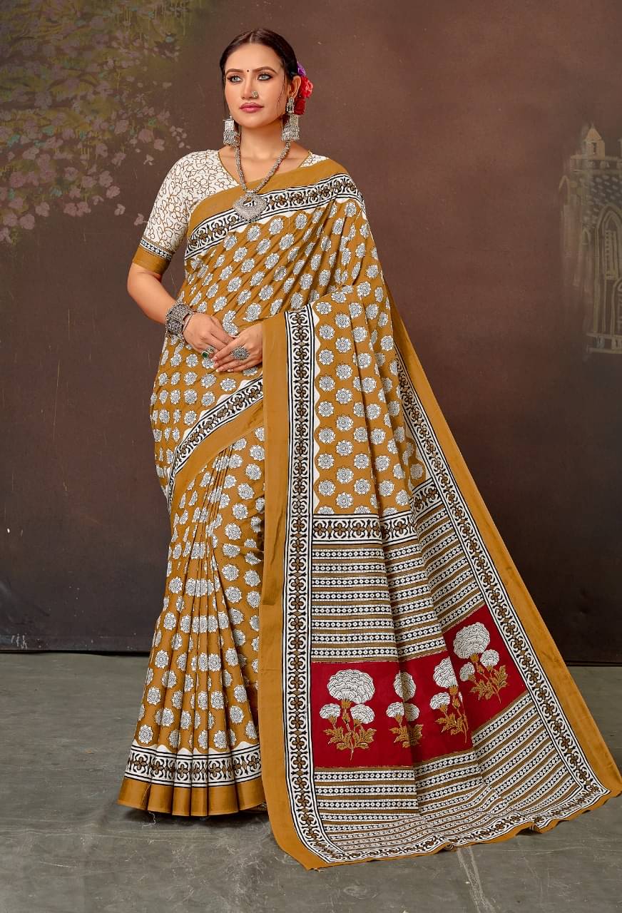 Granth Enterprise Cotton Printed Regular Saree With Unstitched Blouse Piece ( Mustard ) Granth Enterprise Cotton Printed Regular Saree With Unstitched Blouse Piece ( Mustard )