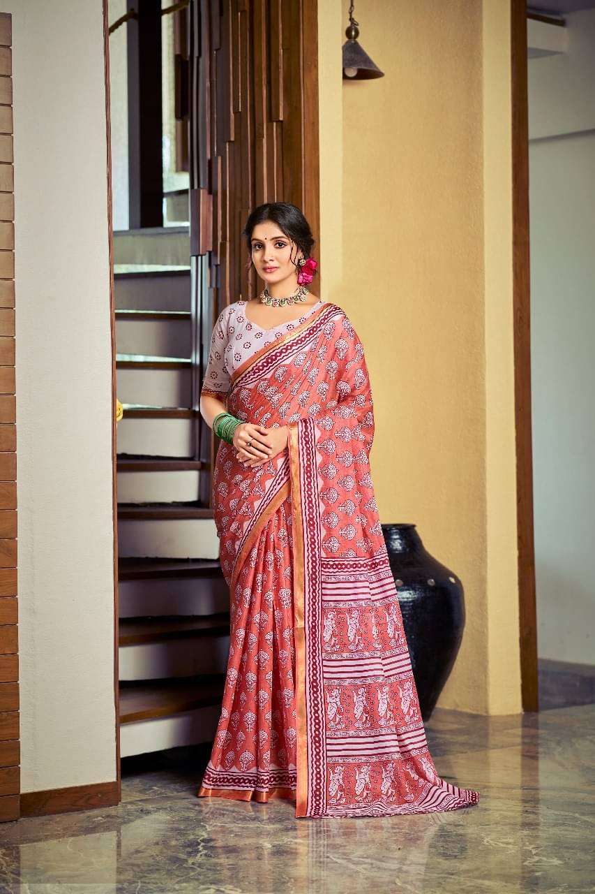     			Granth Enterprise Cotton Printed Regular Saree With Unstitched Blouse Piece ( Pink )
