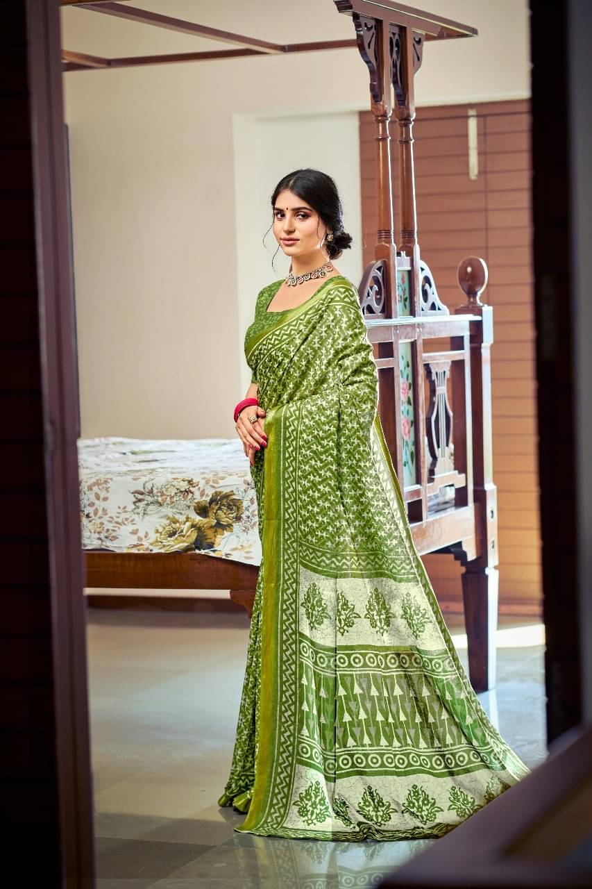 Granth Enterprise Cotton Printed Regular Saree With Unstitched Blouse Piece ( Green ) Granth Enterprise Cotton Printed Regular Saree With Unstitched Blouse Piece ( Green )