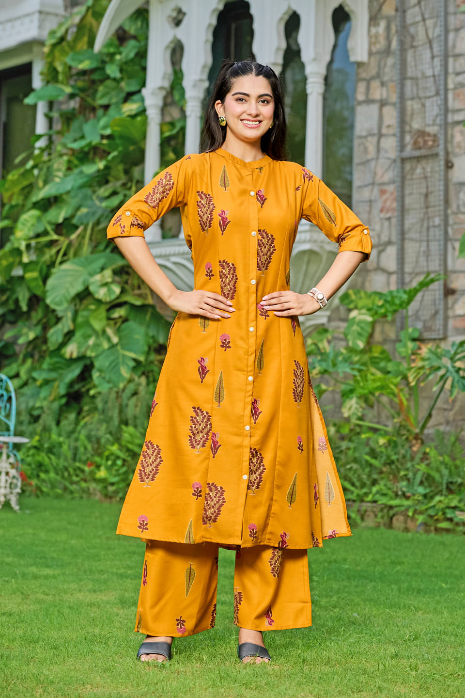     			Jinal Creation Women Rayon Self Design A-line Kurti With Pants ( Yellow )
