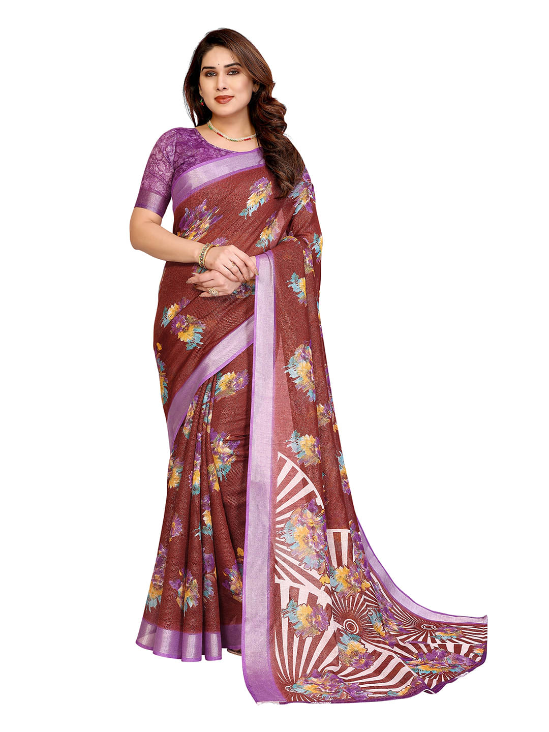     			Kashvi Sarees Linen Printed Ilkal Saree With Unstitched Blouse Piece ( Purple )