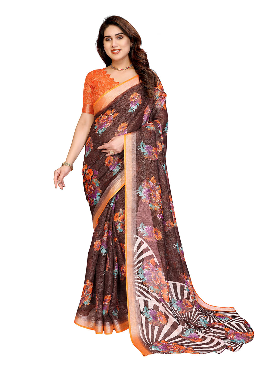     			Kashvi Sarees Linen Printed Ilkal Saree With Unstitched Blouse Piece ( Orange )