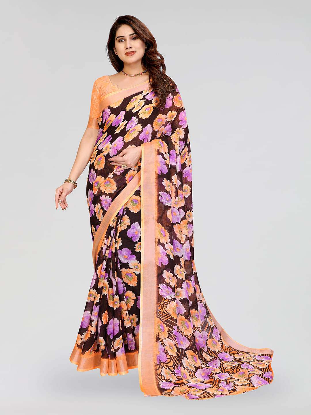     			Kashvi Sarees Linen Printed Ilkal Saree With Unstitched Blouse Piece ( Brown )