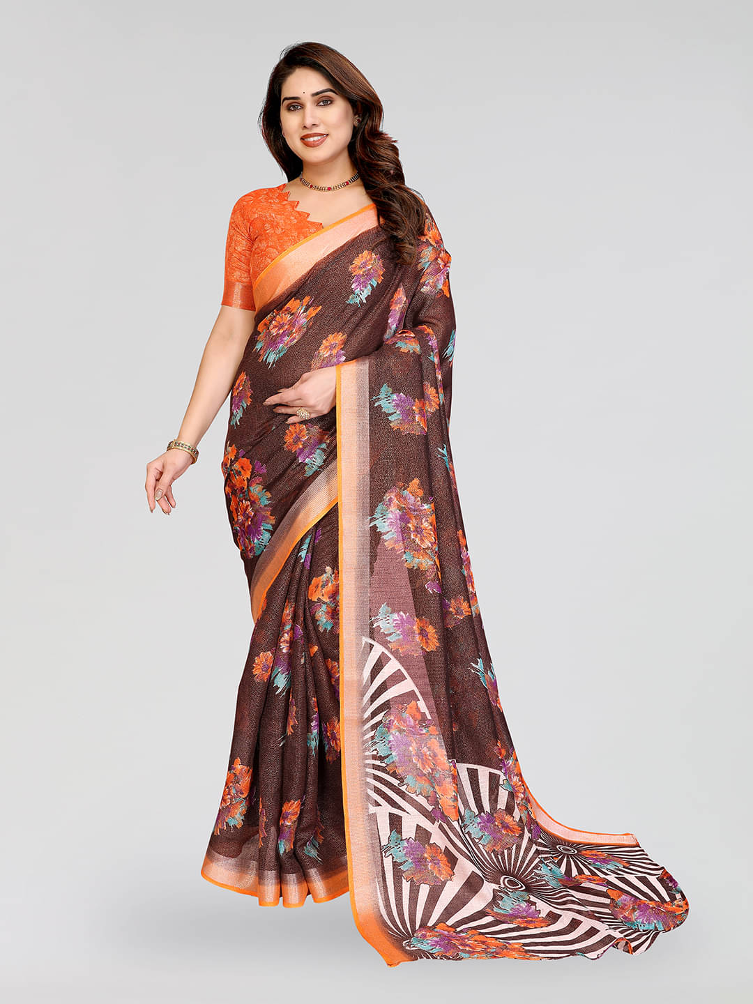     			Kashvi Sarees Linen Printed Ilkal Saree With Unstitched Blouse Piece ( Orange )