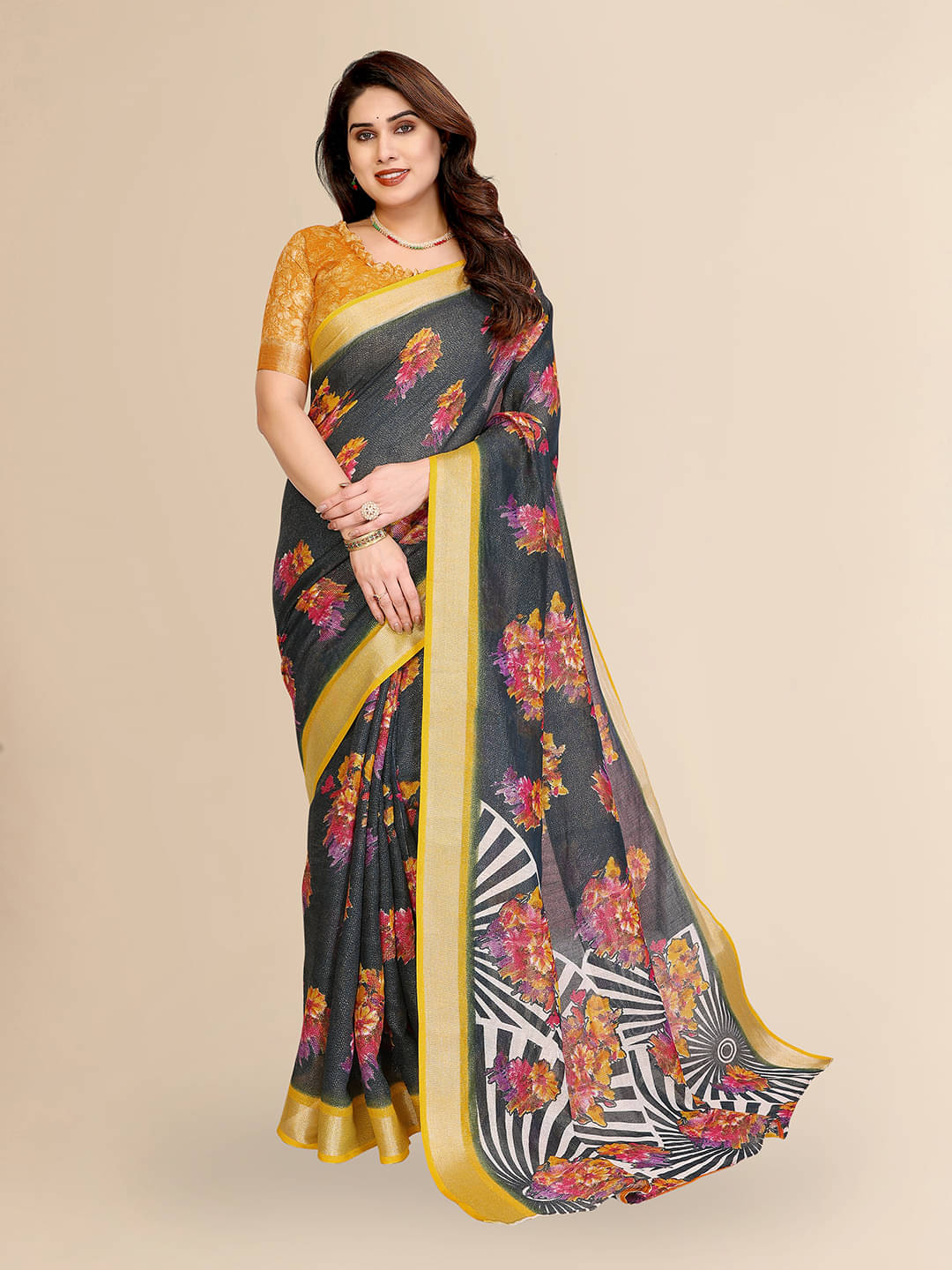     			Kashvi Sarees Linen Printed Ilkal Saree With Unstitched Blouse Piece ( Yellow )