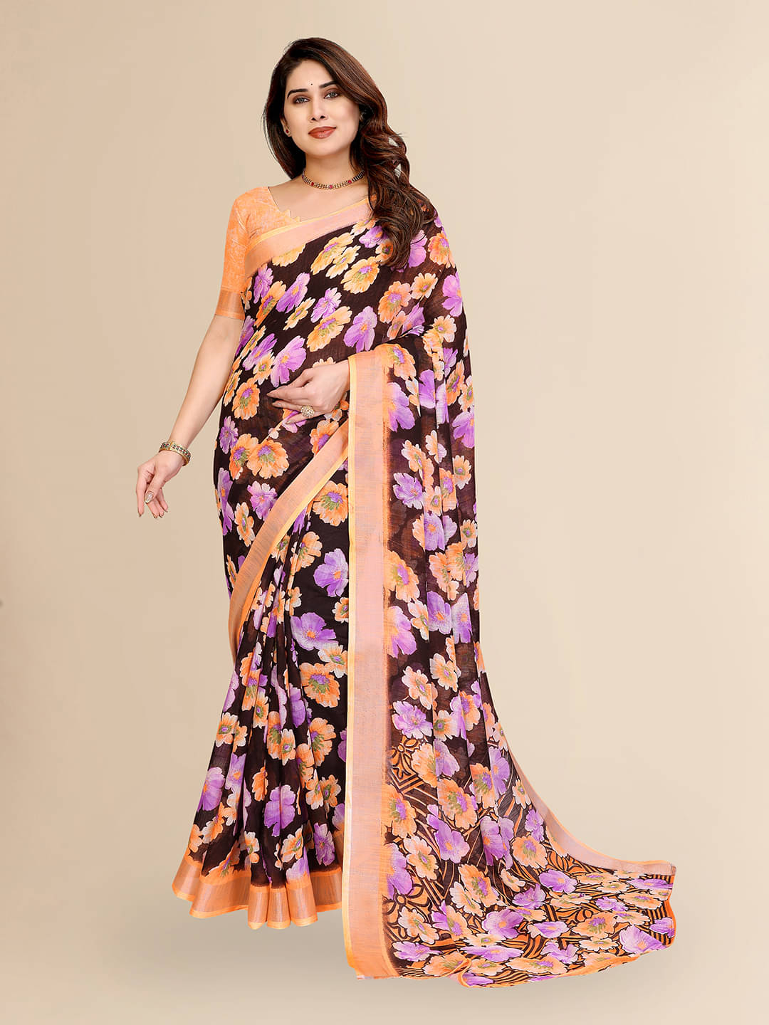 Kashvi Sarees Linen Printed Ilkal Saree With Unstitched Blouse Piece ( Brown ) Kashvi Sarees Linen Printed Ilkal Saree With Unstitched Blouse Piece ( Brown )