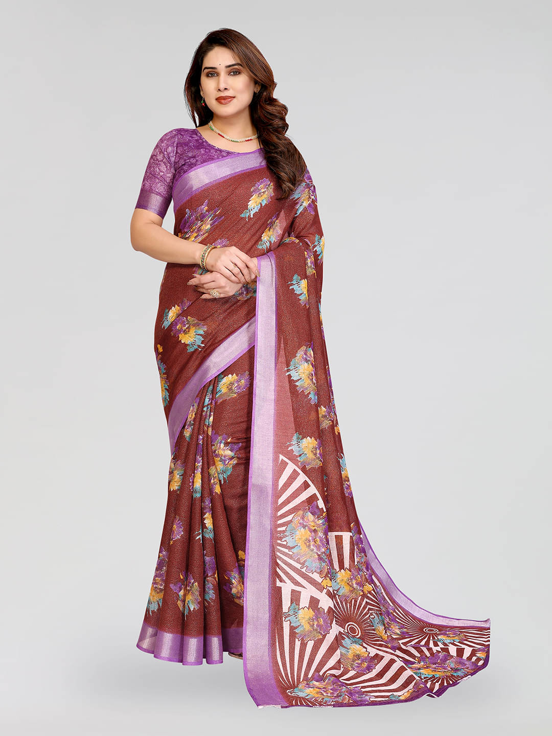     			Kashvi Sarees Linen Printed Ilkal Saree With Unstitched Blouse Piece ( Purple )