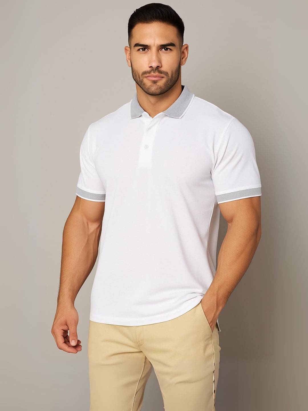     			Leotude Men Cotton Blend Regular Fit Solid Polo T Shirt ( White )
