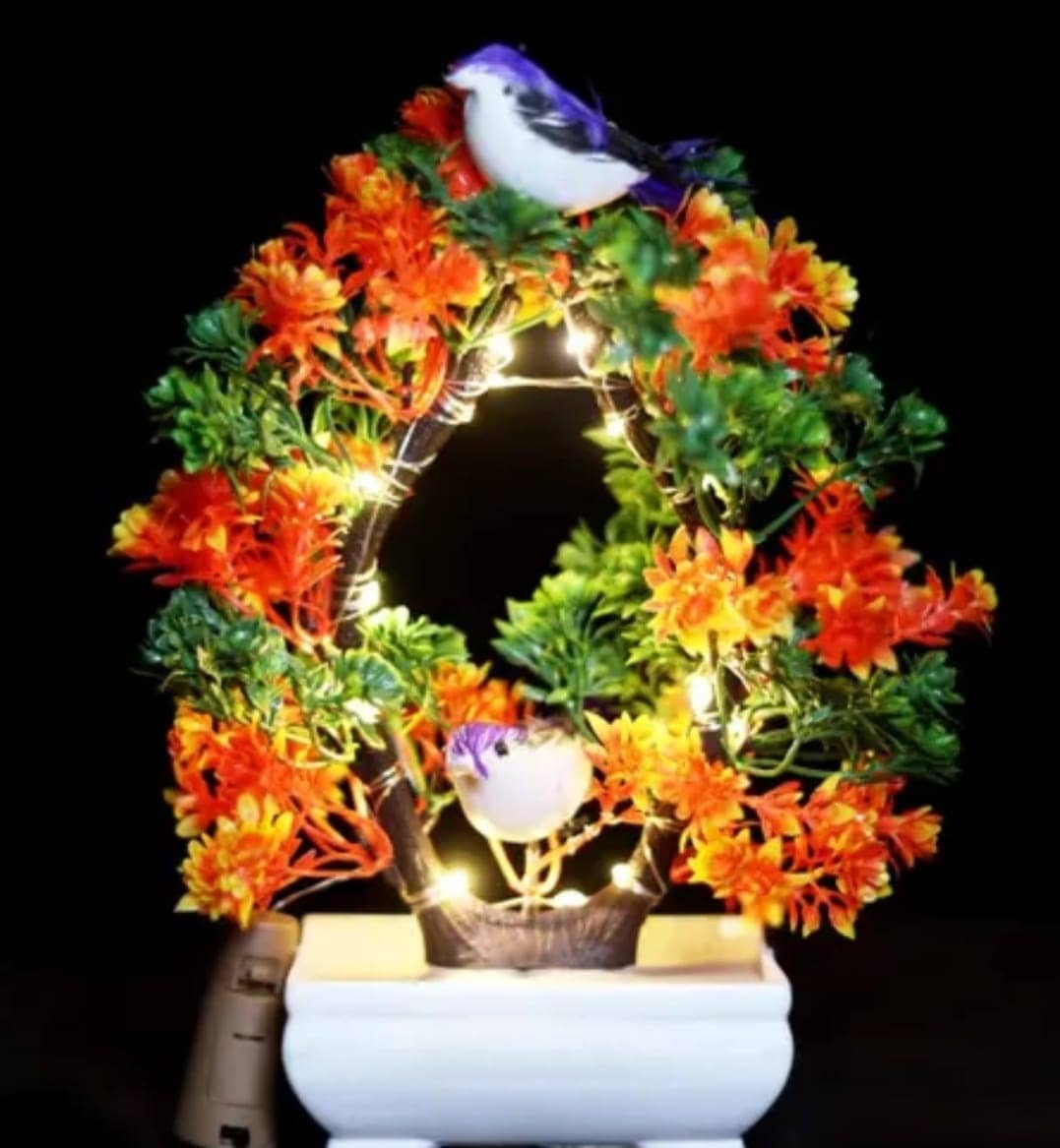Modo® Artificial Bonsai Green Tree with Light & Sparrow - 'Living Room' Dining Table Decor |Home,Office Party Decor- Green & Orange (23.5)