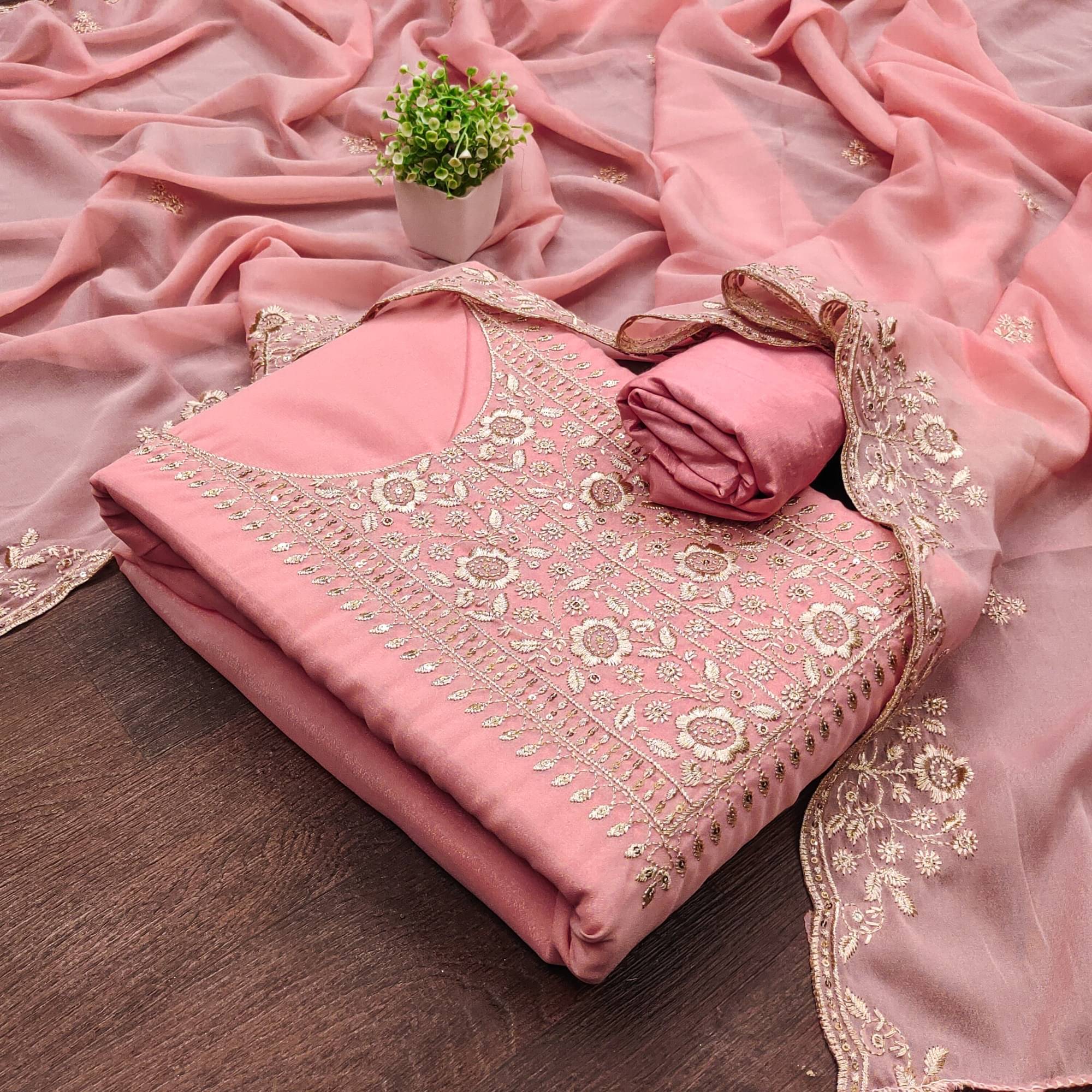 Panbai sarees Women Georgette Unstitched Dress Material ( Peach ) Panbai sarees Women Georgette Unstitched Dress Material ( Peach )