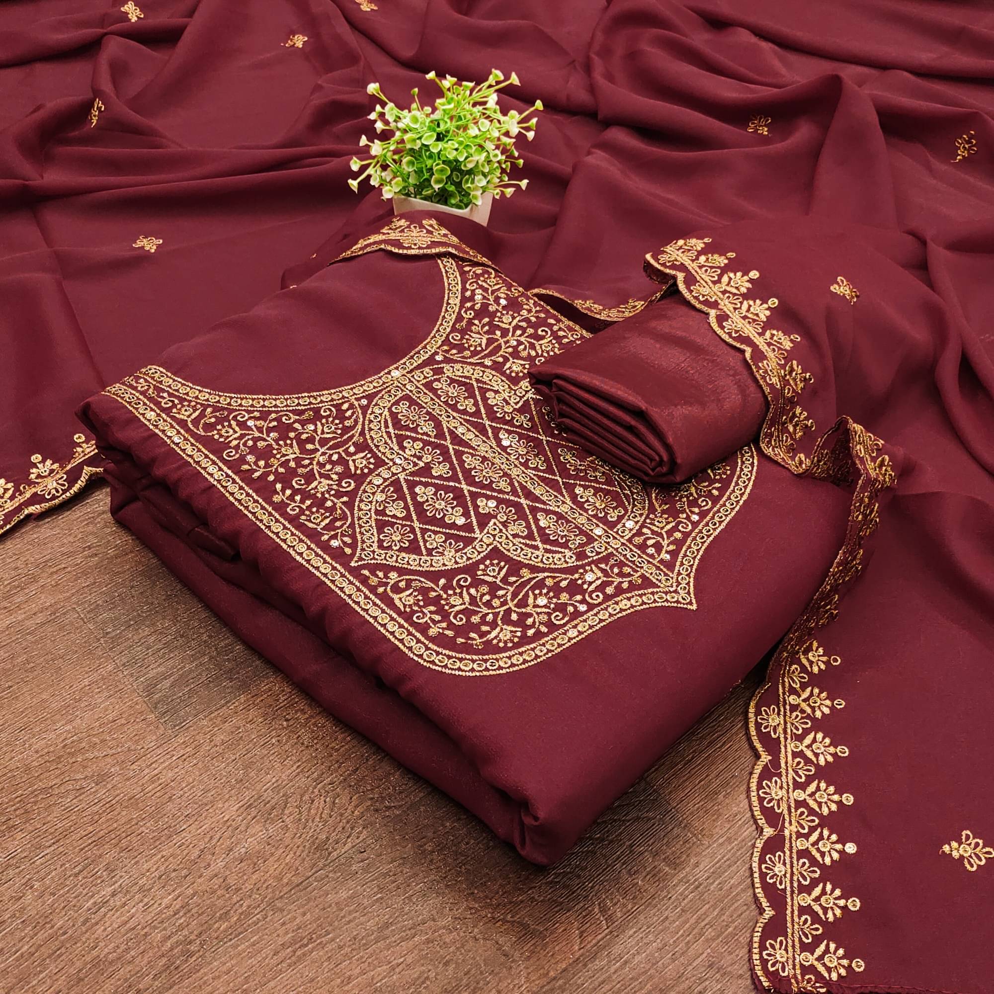 Panbai sarees Women Georgette Unstitched Dress Material ( Maroon ) Panbai sarees Women Georgette Unstitched Dress Material ( Maroon )