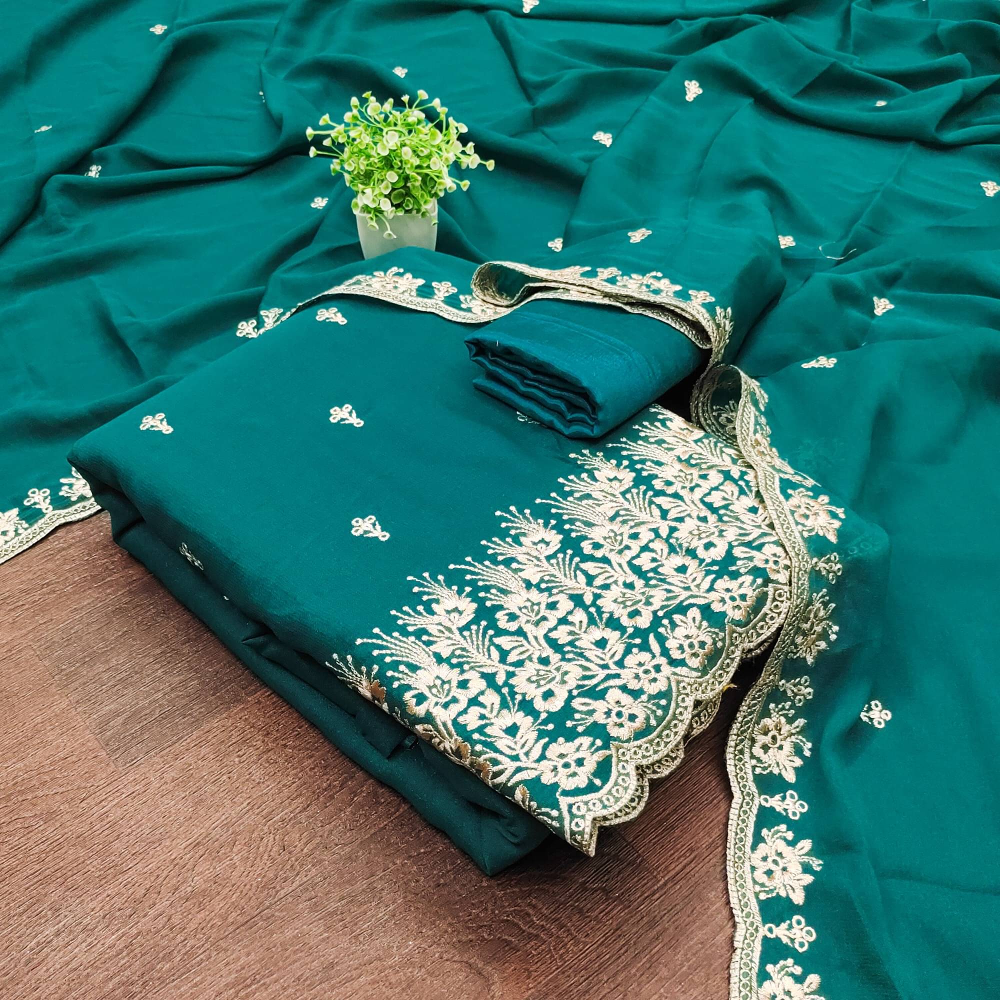 Panbai sarees Women Georgette Unstitched Dress Material ( Teal ) Panbai sarees Women Georgette Unstitched Dress Material ( Teal )
