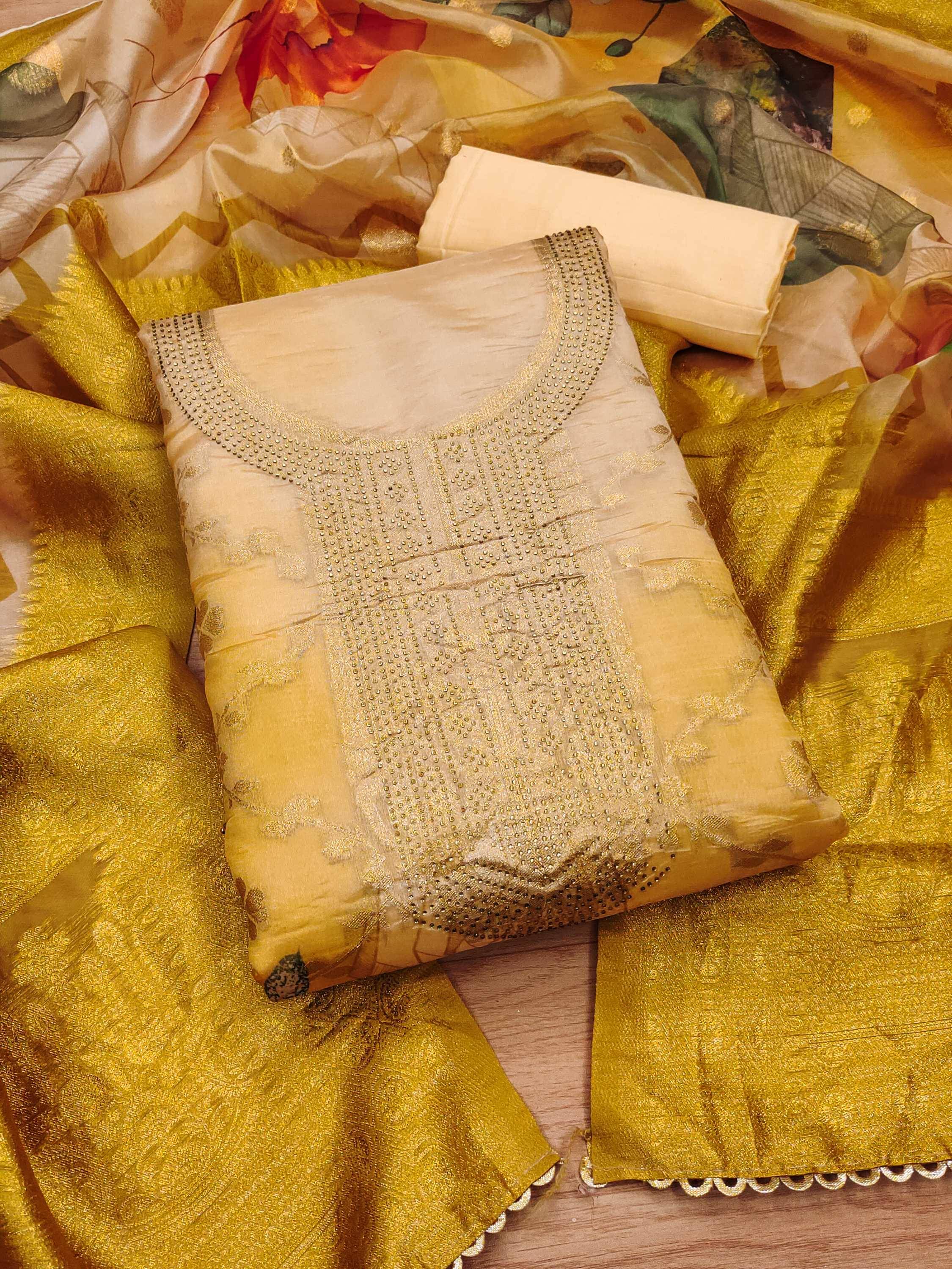 Panbai sarees Women Organza Unstitched Dress Material ( Yellow ) Panbai sarees Women Organza Unstitched Dress Material ( Yellow )