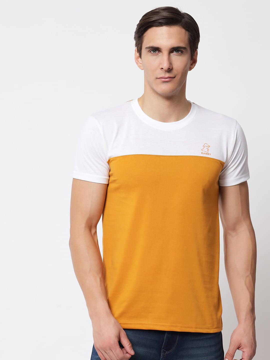 RABBY Men Cotton Blend Regular Fit Colorblock T-Shirt ( Yellow ) RABBY Men Cotton Blend Regular Fit Colorblock T-Shirt ( Yellow )