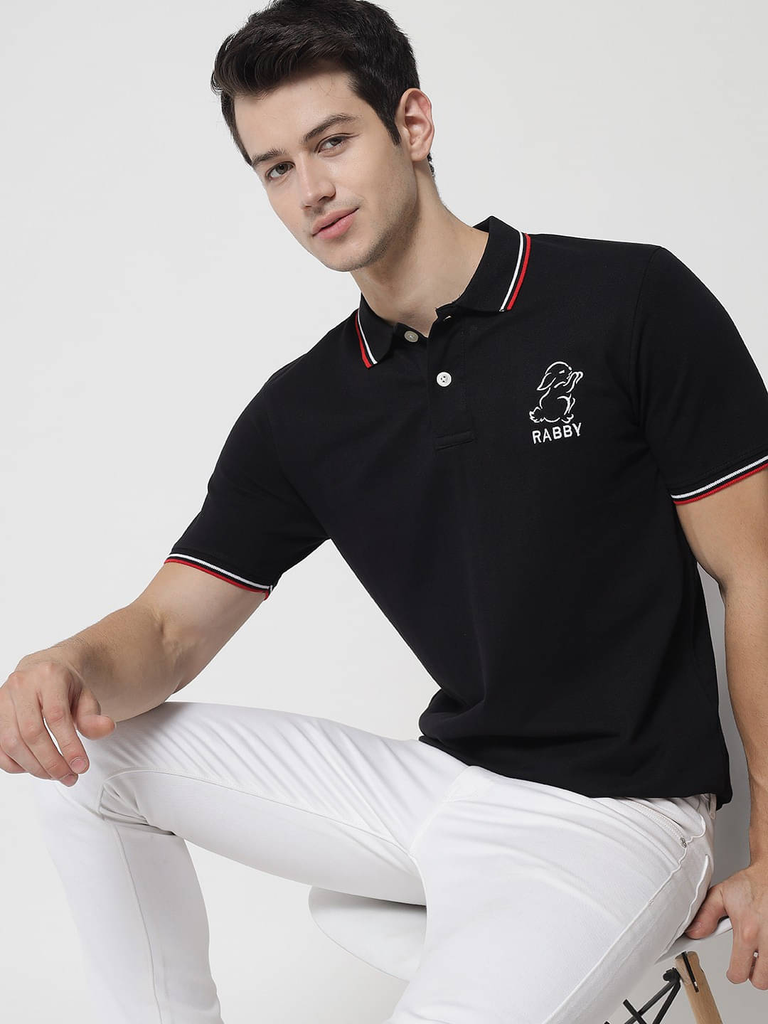 RABBY Men Cotton Regular Fit Solid Polo T Shirt ( Black ) RABBY Men Cotton Regular Fit Solid Polo T Shirt ( Black )