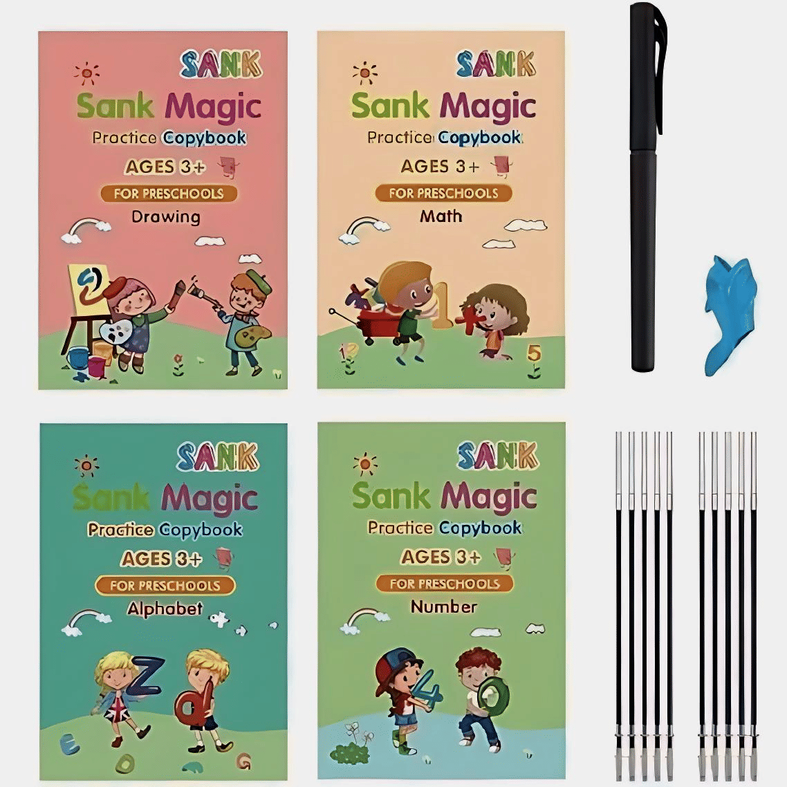 Sank Magic Practice Copybook, (4 BOOK + 10 REFILL+ 1 Pen +1 Grip) Number Tracing Book for Preschoolers with Pen, Magic Calligraphy Copybook Set Practical Reusablee Writing Tool Simple Hand Lettering     			Sank Magic Practice Copybook, (4 BOOK + 10 REFILL+ 1 Pen +1 Grip) Number Tracing Book for Preschoolers with Pen, Magic Calligraphy Copybook Set Practical Reusablee Writing Tool Simple Hand Lettering