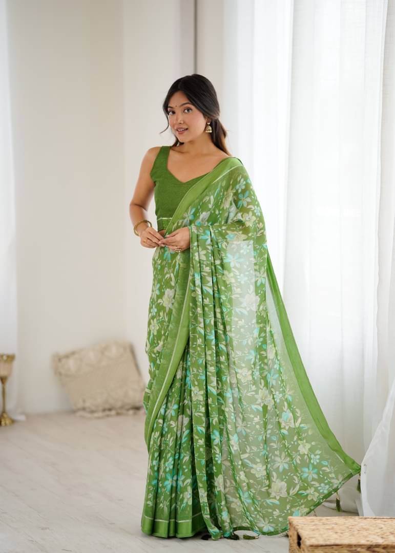     			Shree Sai Enterprise Satin Printed Regular Saree With Stitched Blouse ( Green )