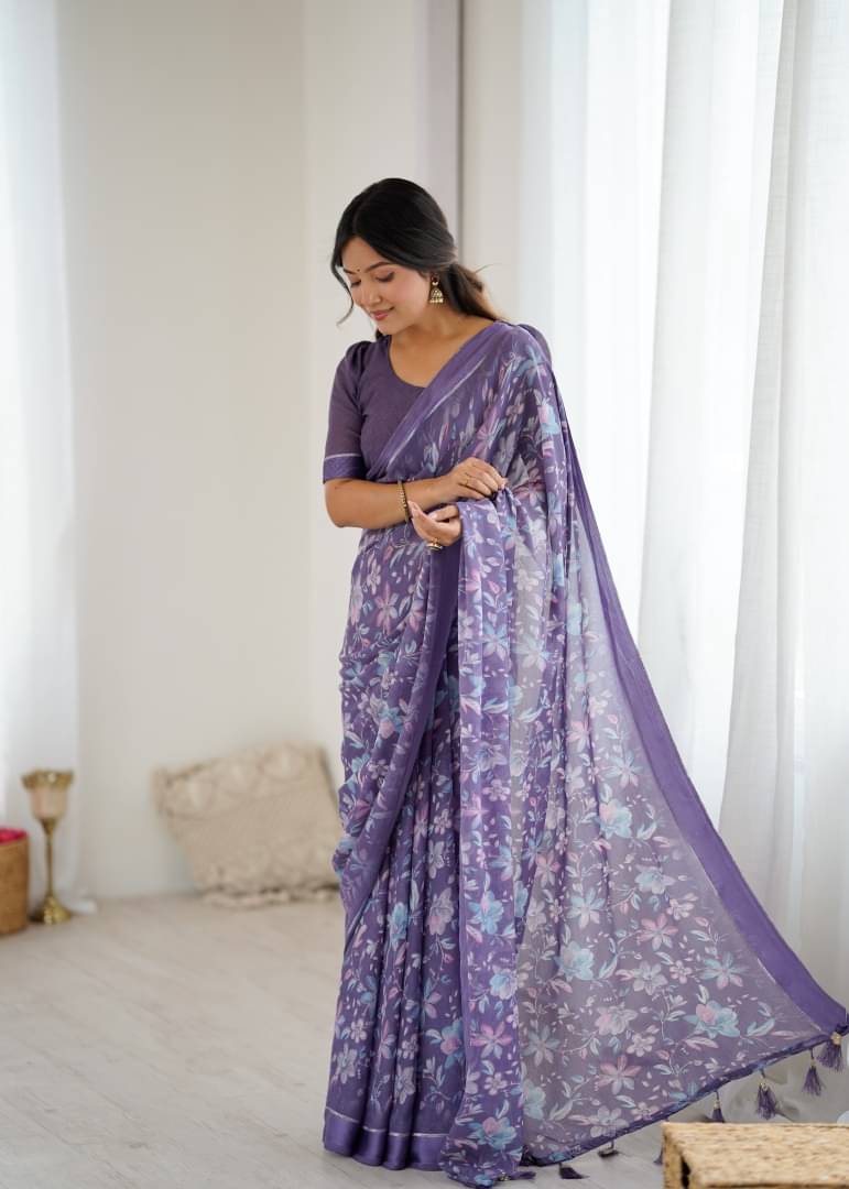     			Shree Sai Enterprise Satin Printed Regular Saree With Stitched Blouse ( Lavender )