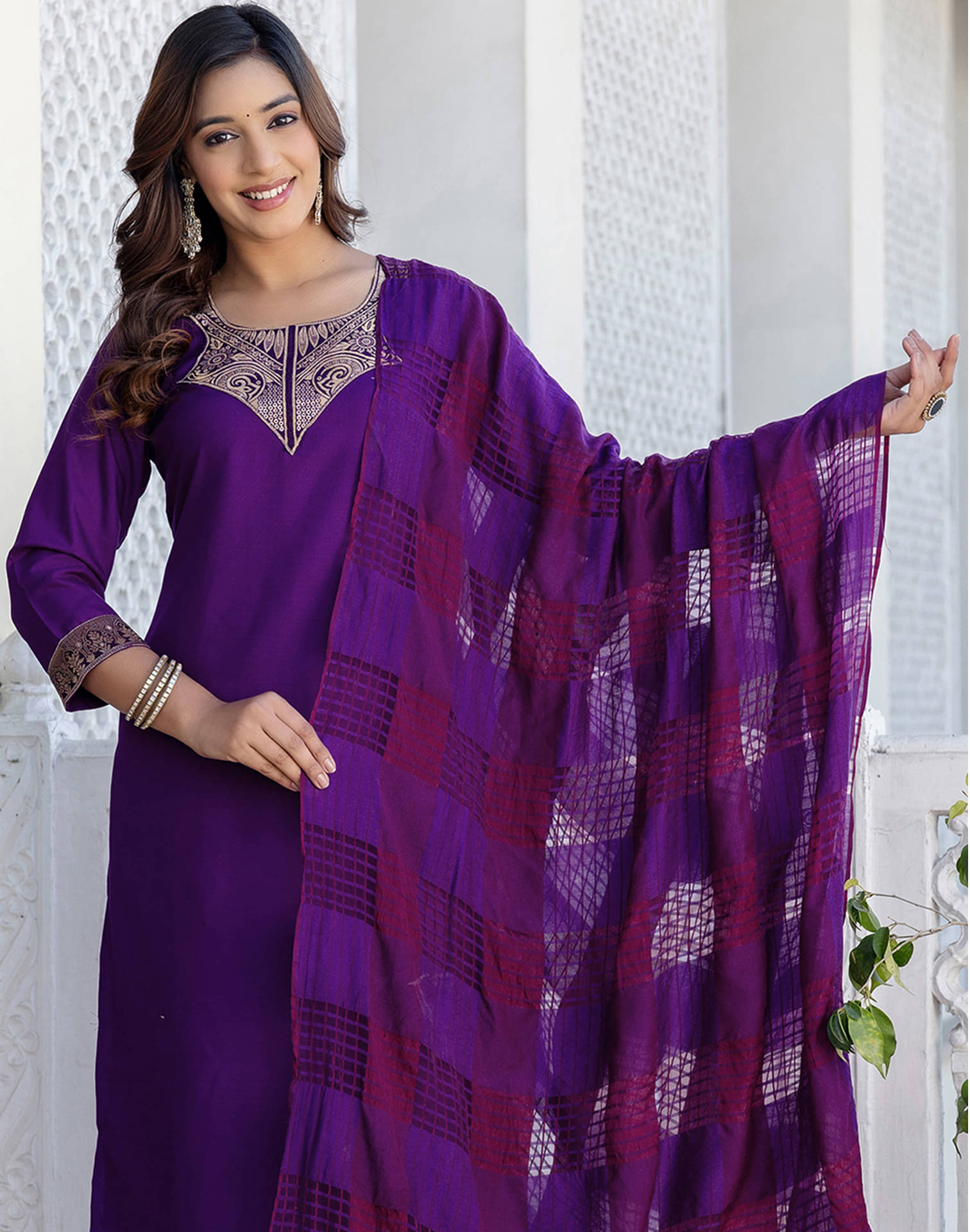     			Skylee Women Cotton Blend Embellished Straight Kurti With Pants ( Purple )