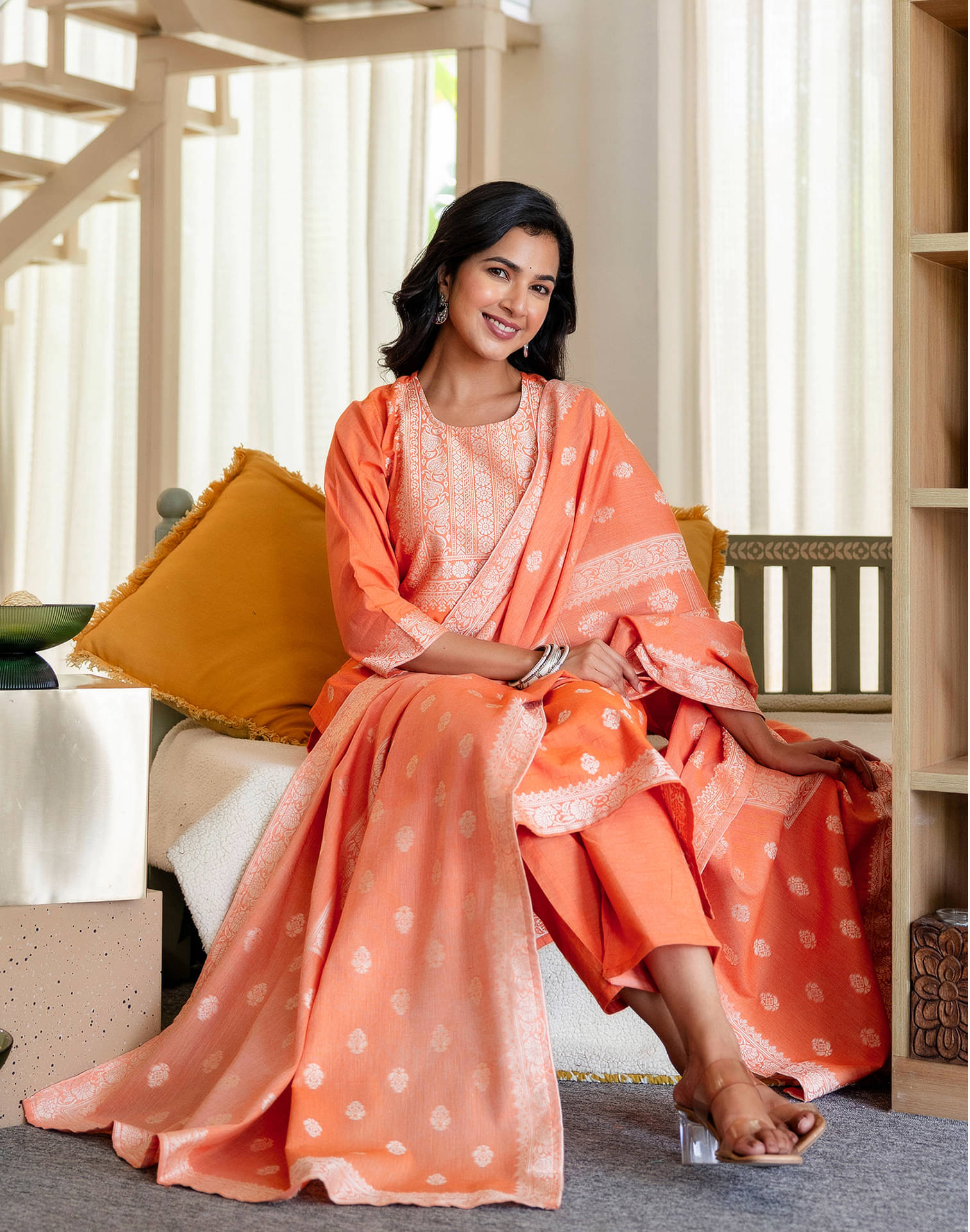 Skylee Women Cotton Blend Embellished Straight Kurti With Pants ( Orange ) Skylee Women Cotton Blend Embellished Straight Kurti With Pants ( Orange )