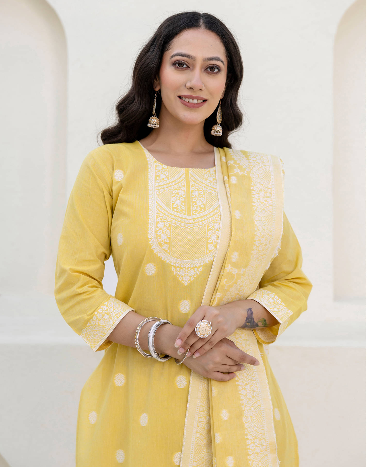     			Skylee Women Cotton Embellished Straight Kurti With Pants ( Yellow )