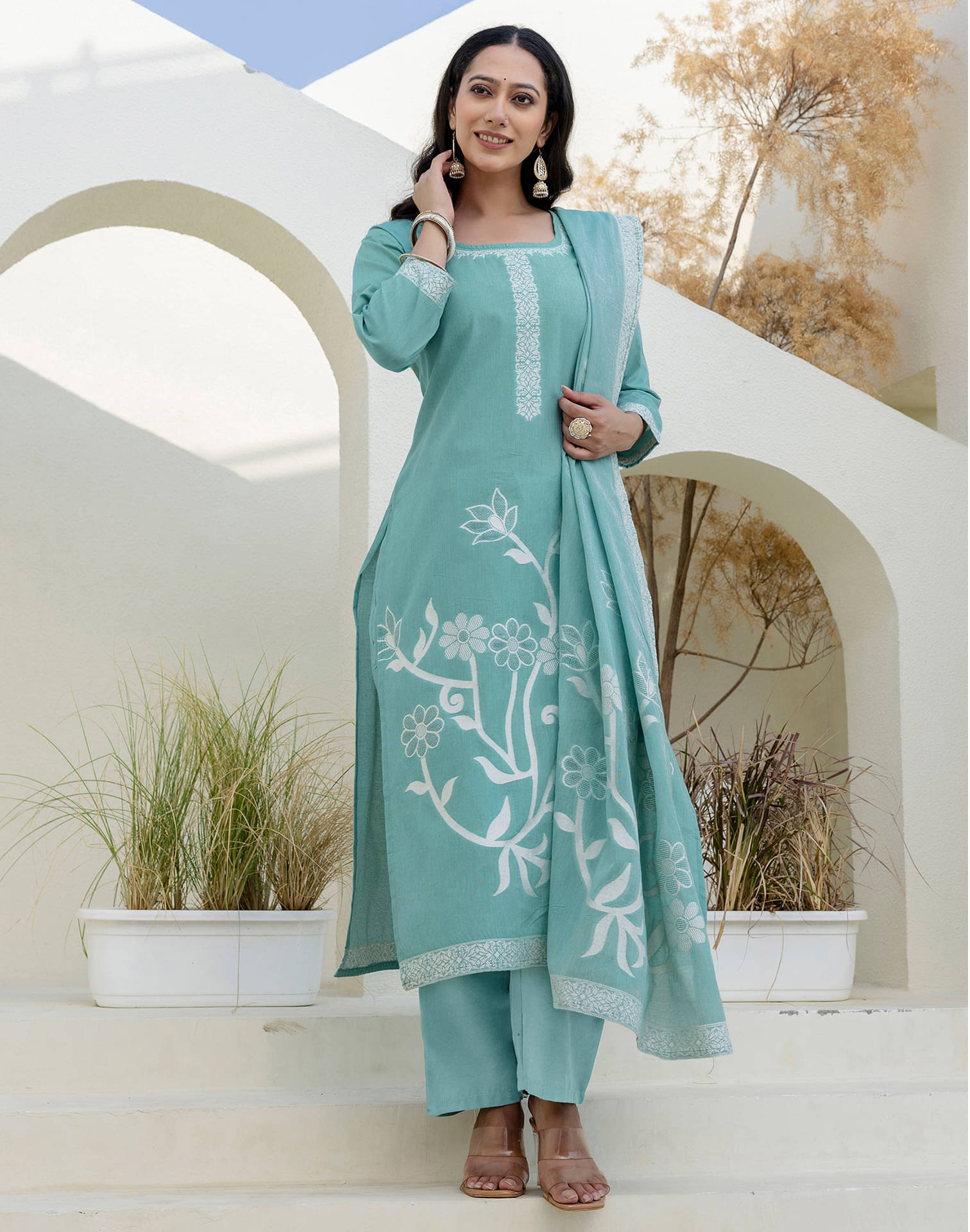     			Skylee Women Cotton Embellished Straight Kurti With Pants ( Blue )