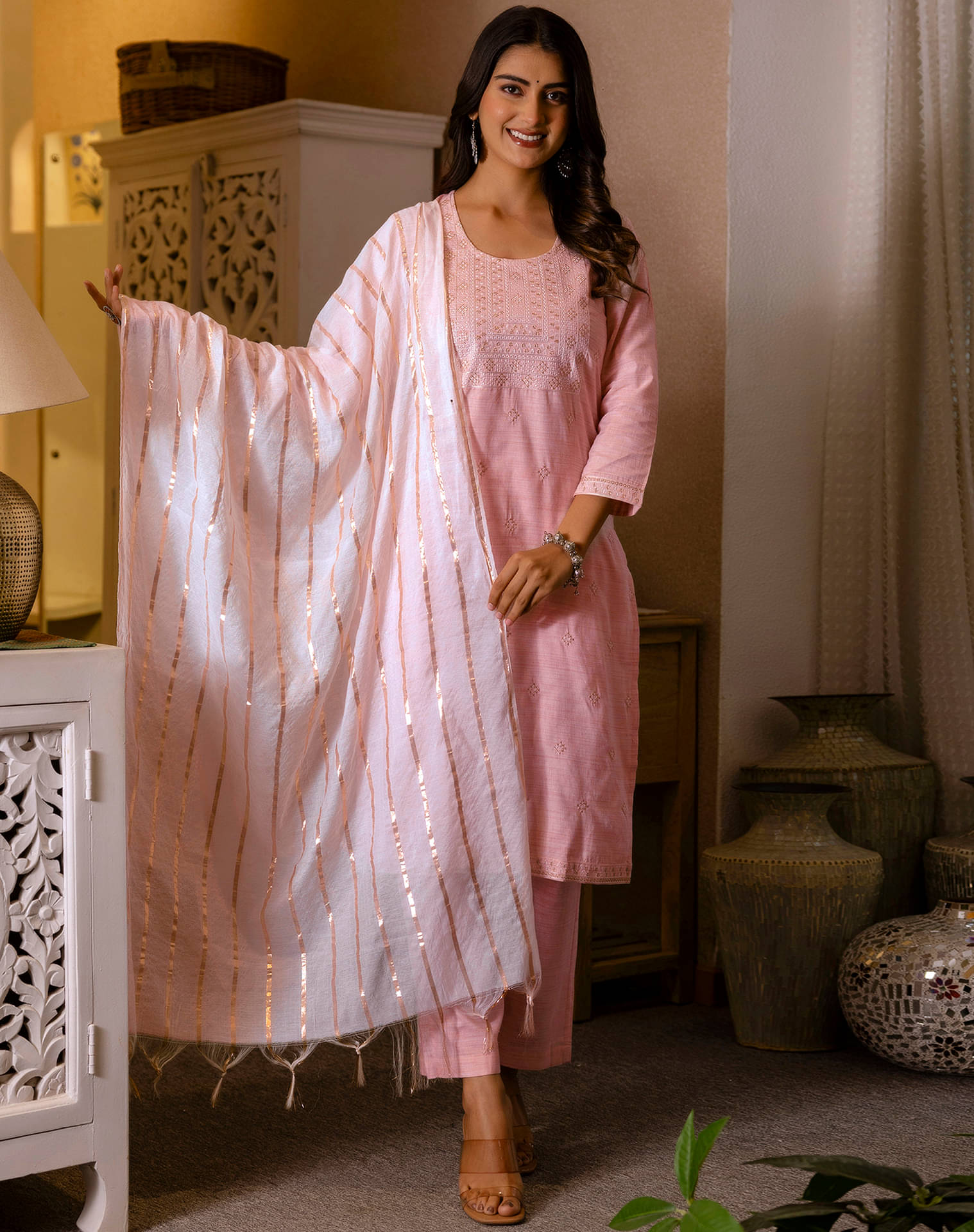     			Skylee Women Cotton Embellished Straight Kurti With Pants ( Pink )