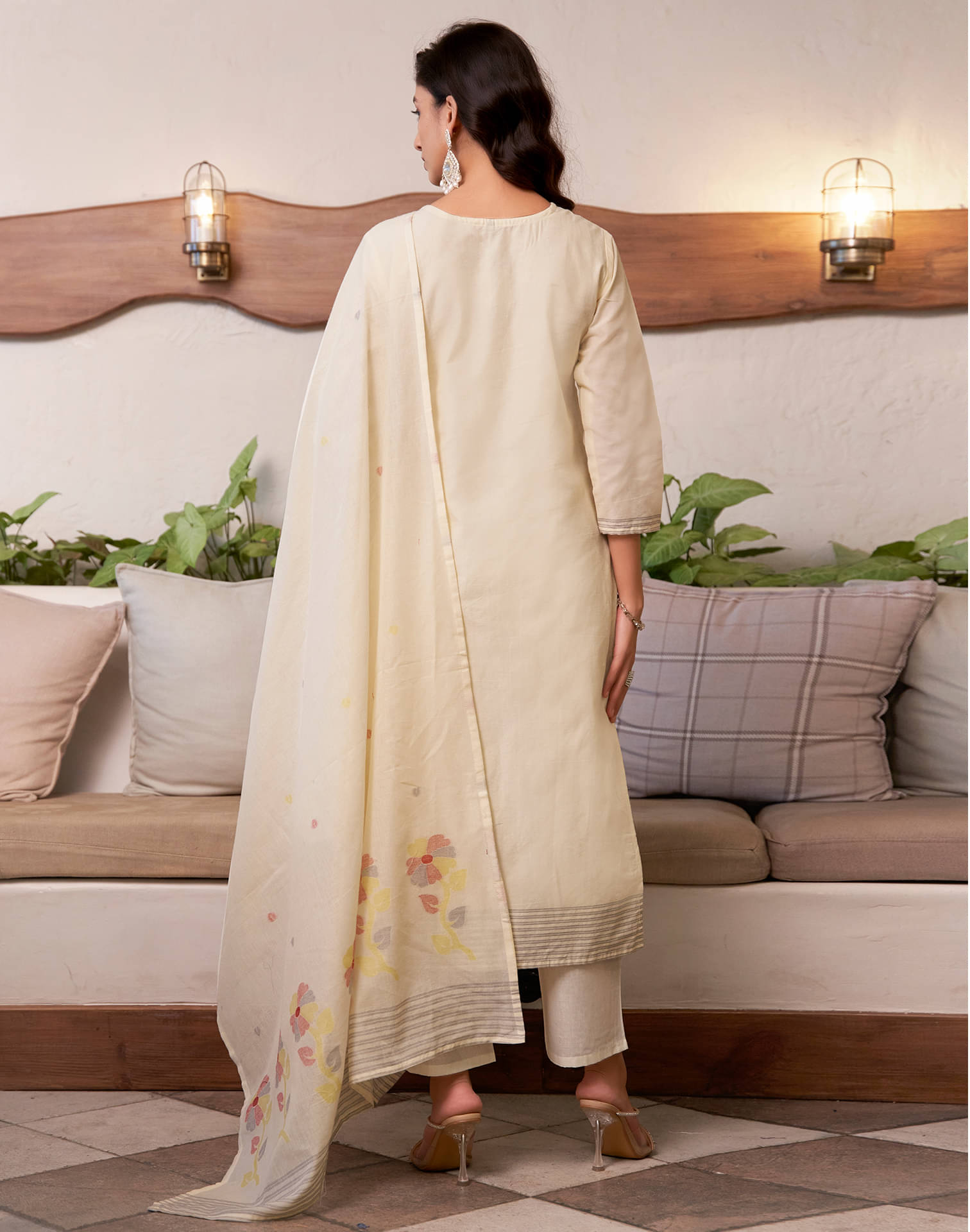     			Skylee Women Cotton Embellished Straight Kurti With Pants ( Beige )