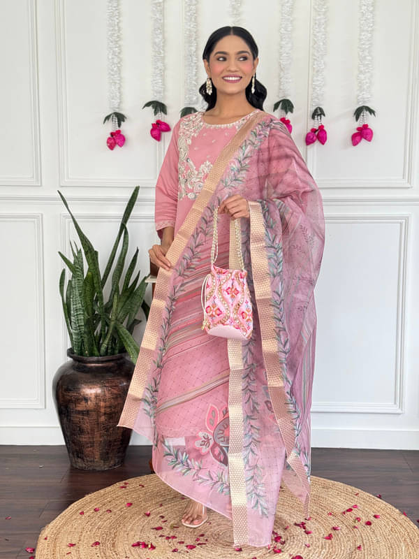 Supar Sleave Women Chanderi Embroidered Straight Kurti With Pants ( Pink )     			Supar Sleave Women Chanderi Embroidered Straight Kurti With Pants ( Pink )