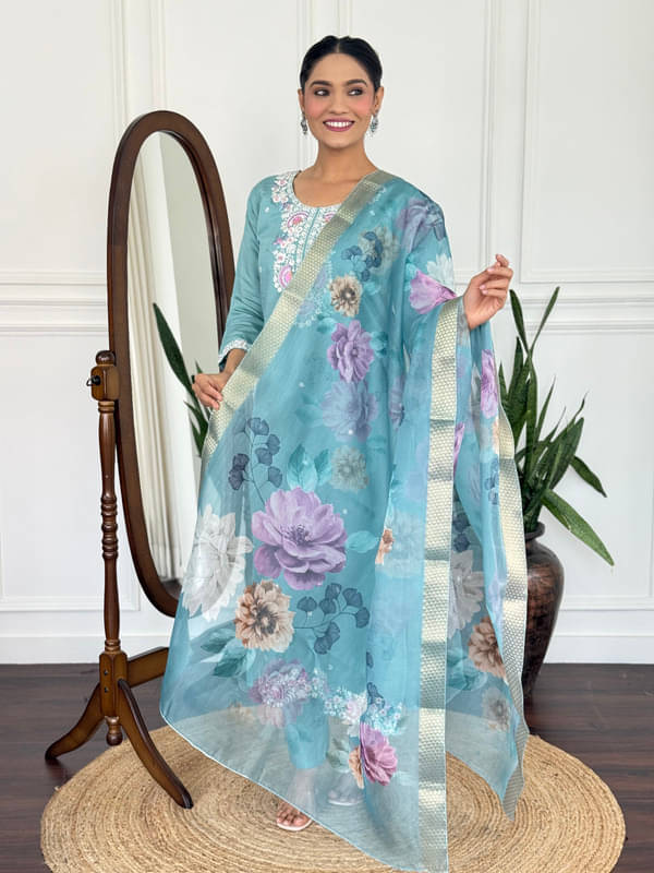 Supar Sleave Women Chanderi Embroidered Straight Kurti With Pants ( Light Blue )     			Supar Sleave Women Chanderi Embroidered Straight Kurti With Pants ( Light Blue )