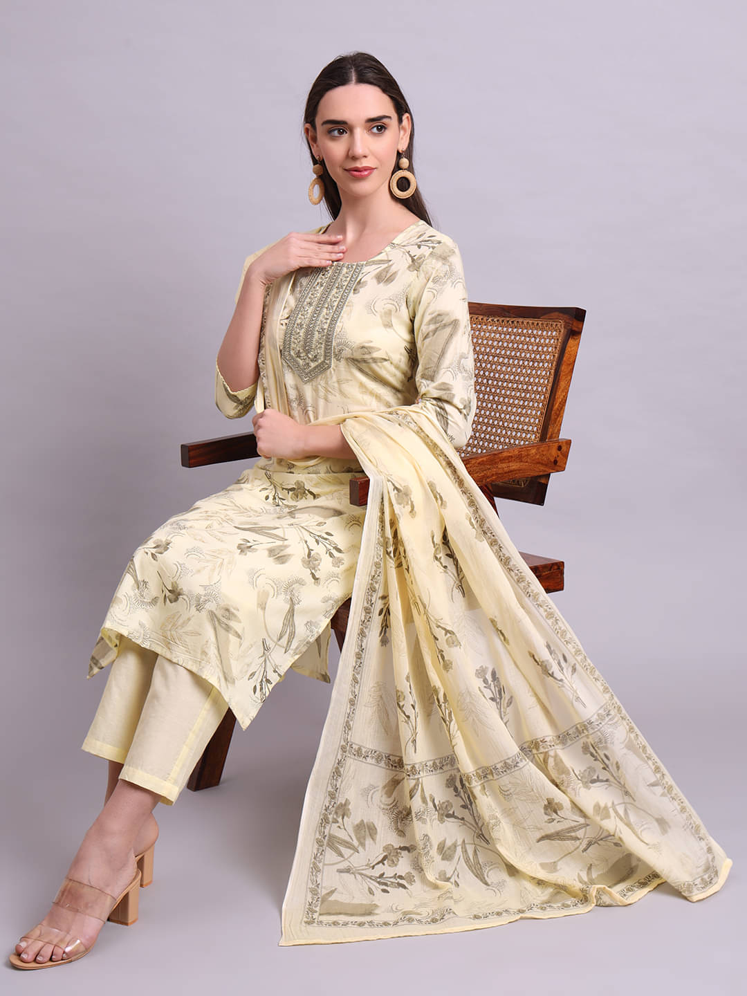     			aayusika Women Cotton Embroidered Straight Kurti With Pants ( Beige )