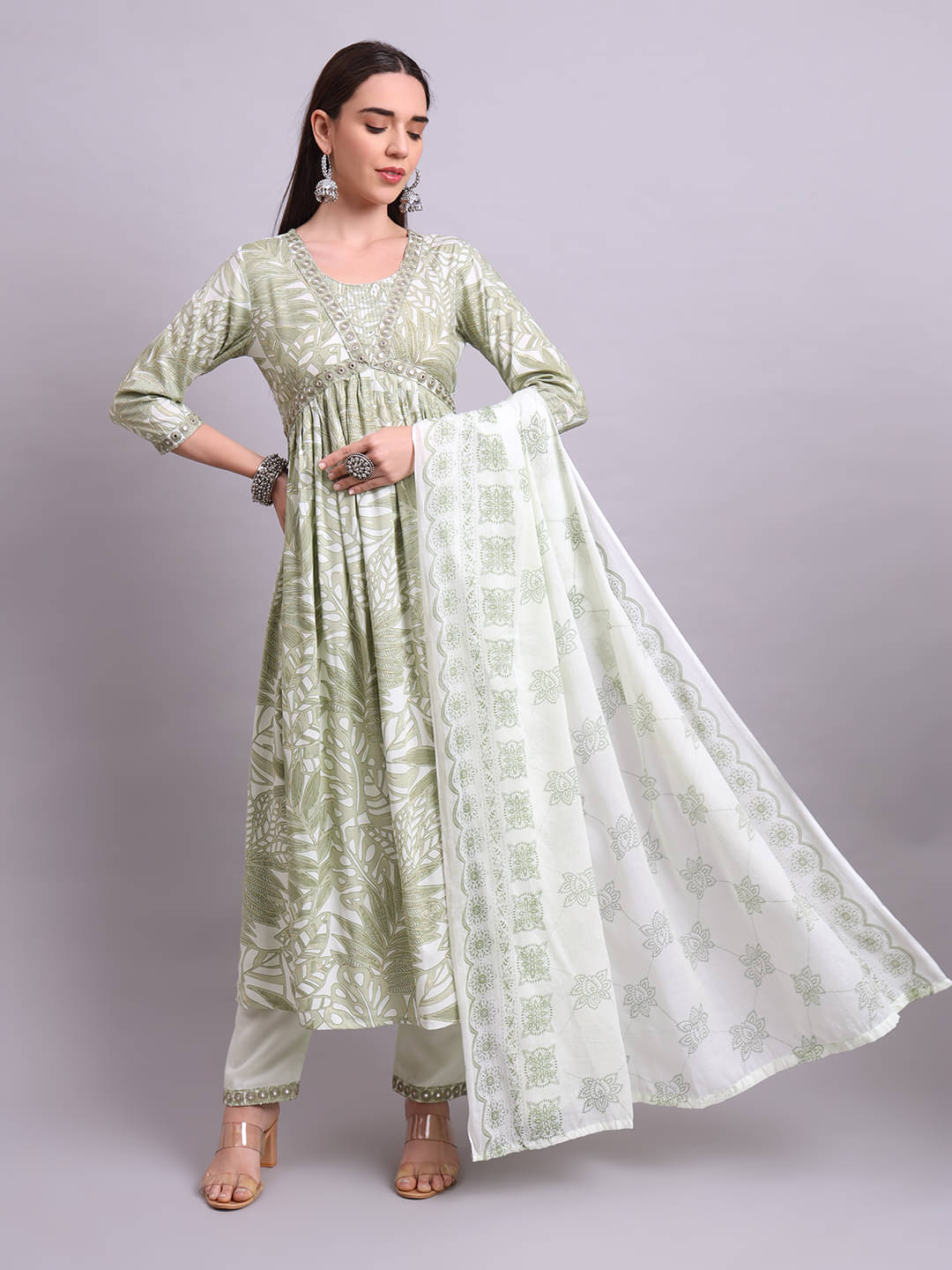     			aayusika Women Rayon Embroidered Anarkali Kurti With Pants ( Green )