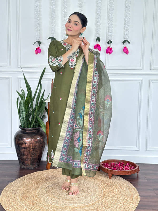 piludi Women Chanderi Embroidered Straight Kurti With Pants ( Olive )
