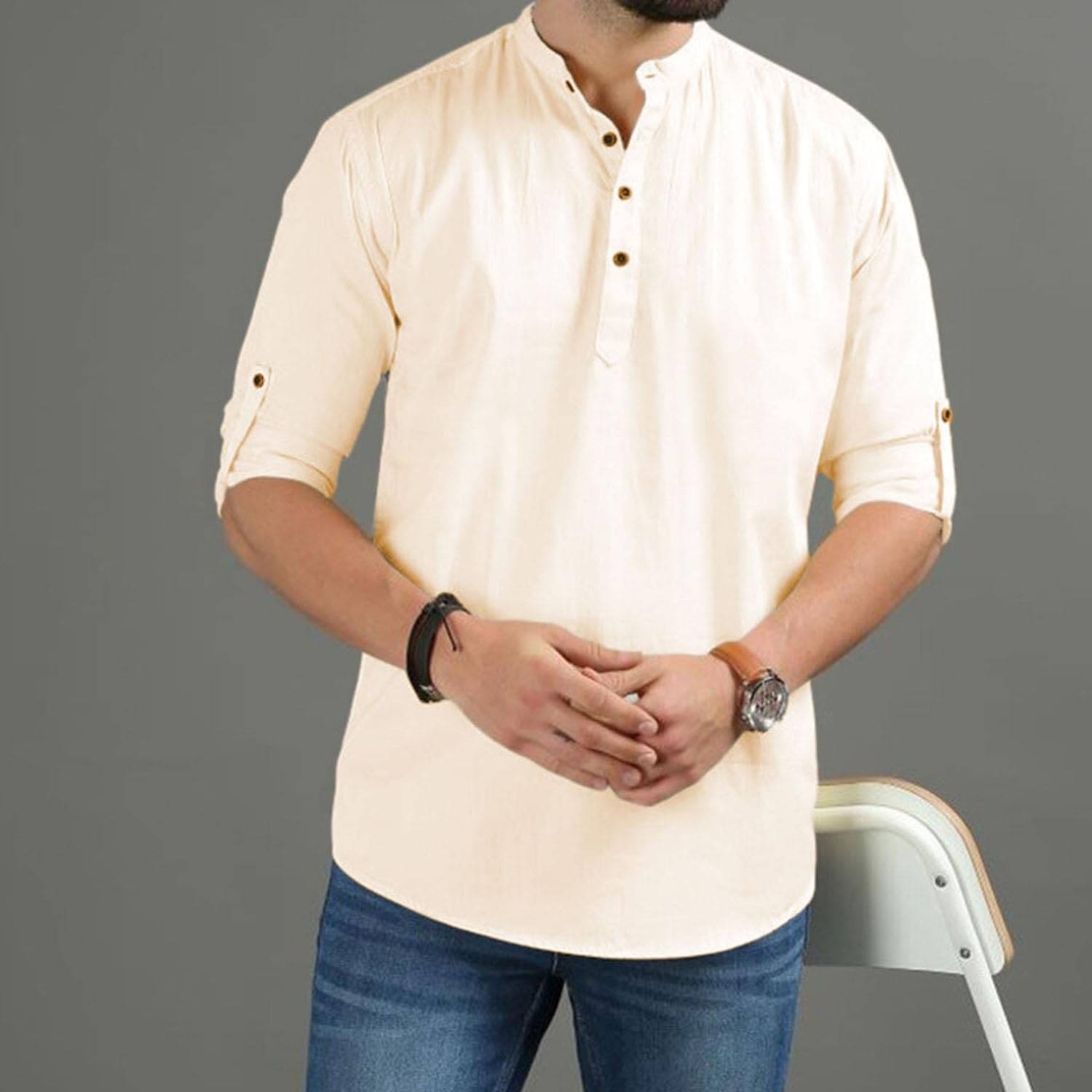     			DaReal Beige Cotton Blend Men's Shirt Style Kurta ( Pack of 1 )