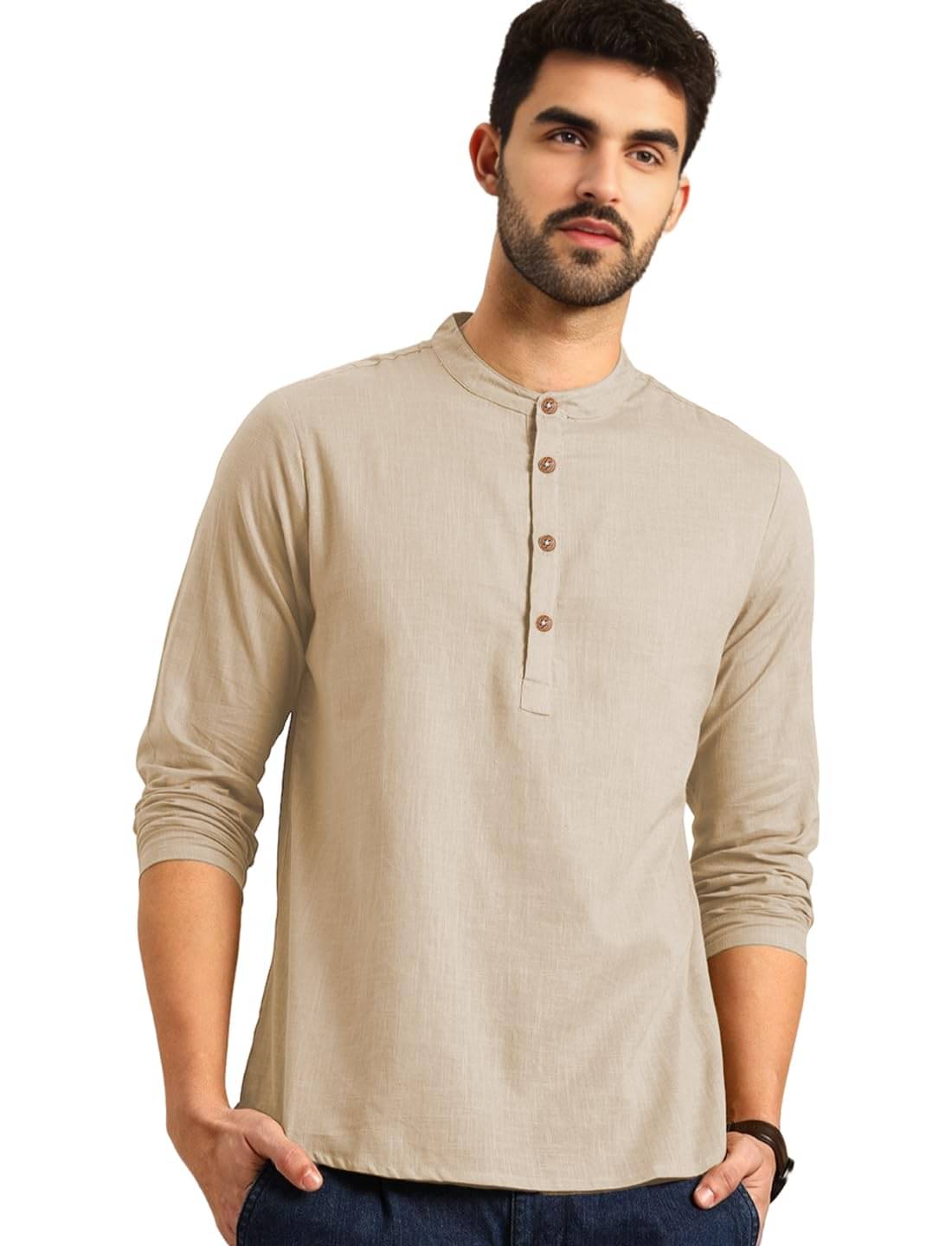     			DaReal Beige Cotton Blend Men's Shirt Style Kurta ( Pack of 1 )