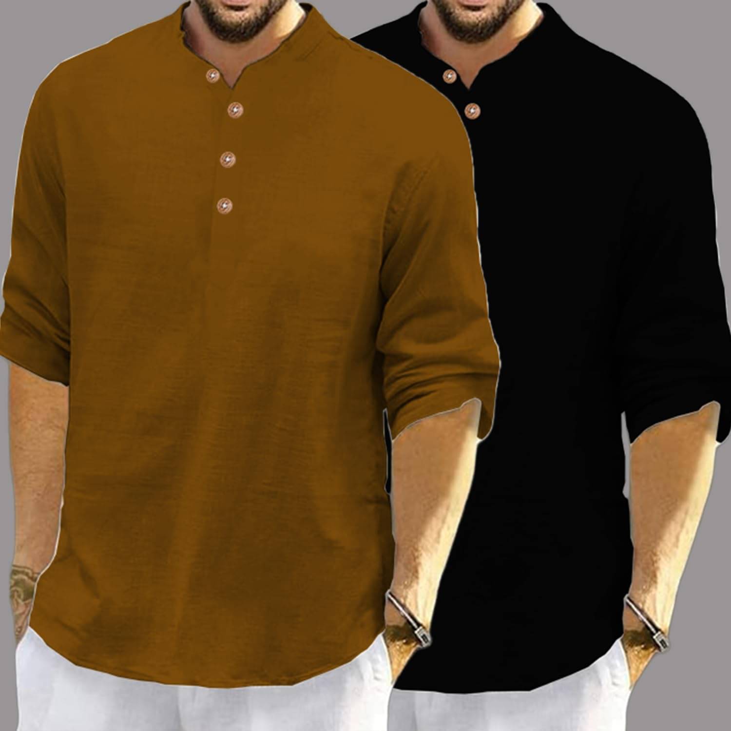 DaReal Brown Cotton Blend Men's Shirt Style Kurta ( Pack of 2 ) DaReal Brown Cotton Blend Men's Shirt Style Kurta ( Pack of 2 )