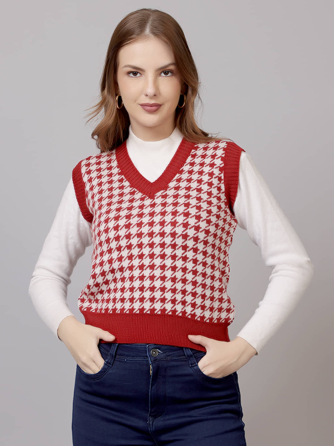 FEVERFEW Women Woollen V-Neck Sweater Vest ( Rust )