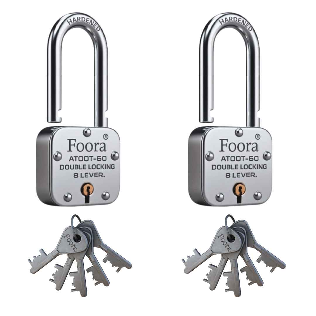 Foora Atoot 60mm Long Shackle with 5 Keys (Pack Of 2) Heavy Duty Padlock (SILVER) for Home, Shop & Gate Security Foora Atoot 60mm Long Shackle with 5 Keys (Pack Of 2) Heavy Duty Padlock (SILVER) for Home, Shop & Gate Security