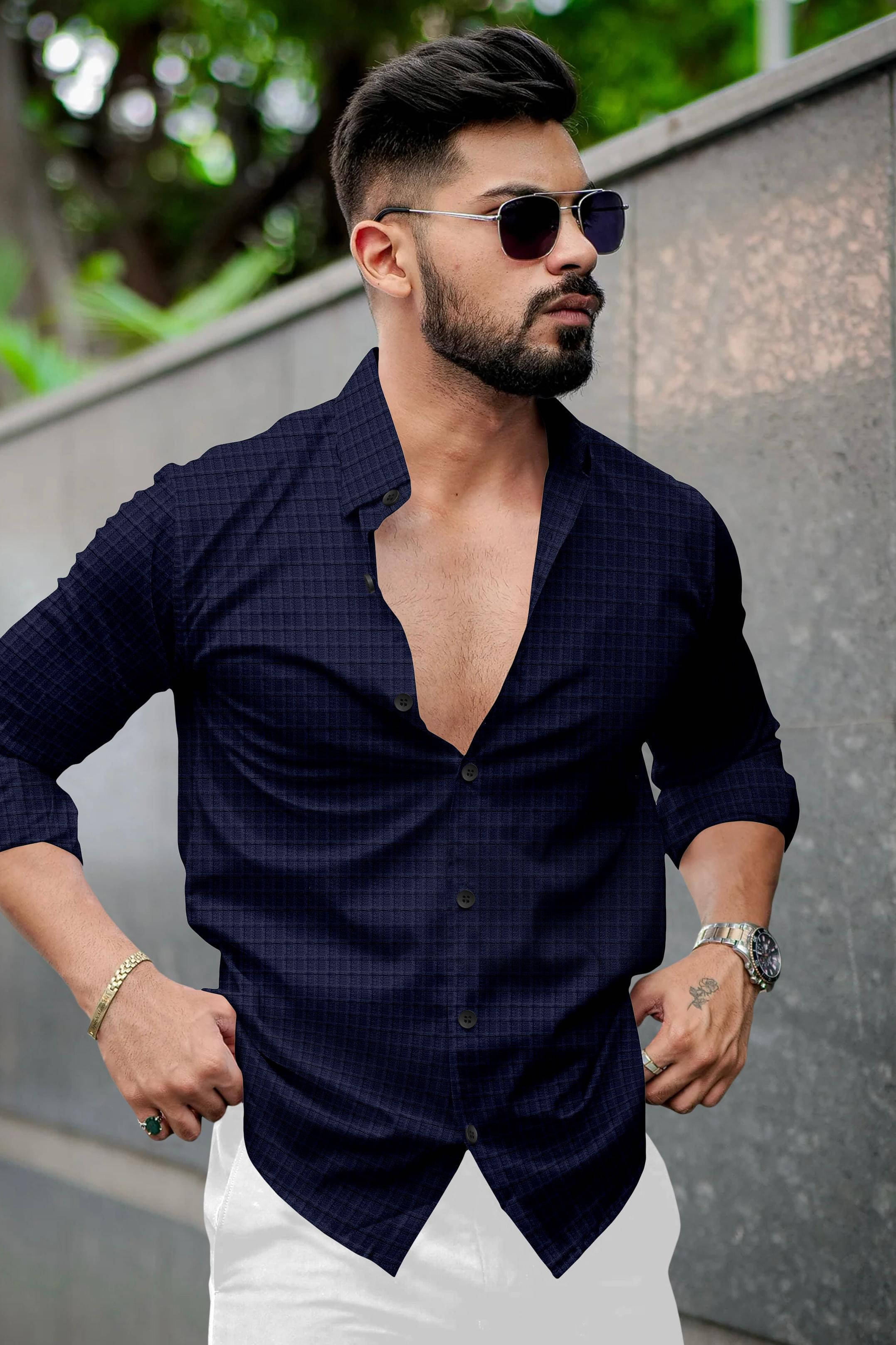     			GROWWAX Polyester Regular Fit Self Design Full Sleeves Men's Casual Shirt - Navy Blue ( Pack of 1 )