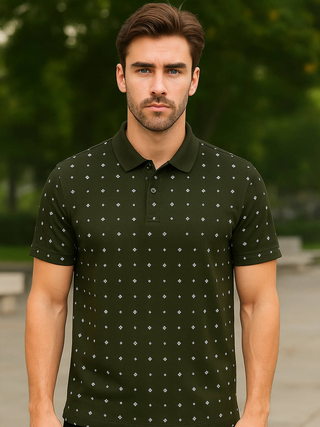     			Hushbucks Men Polyester Regular Fit Printed Polo T Shirt ( Olive )