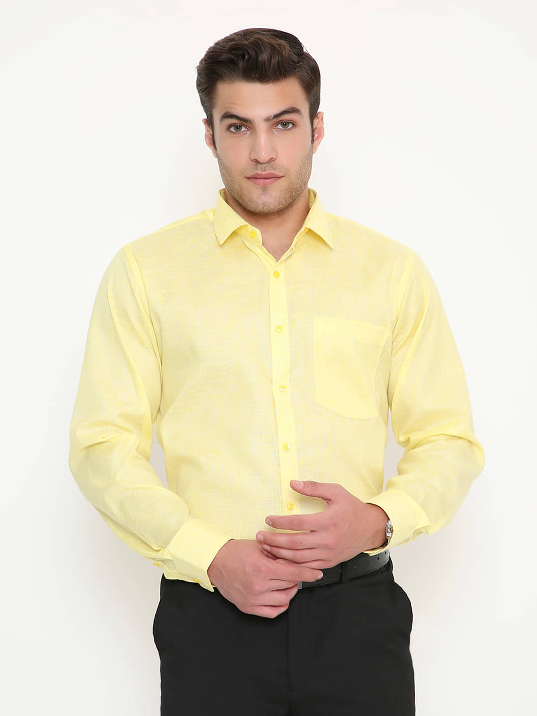 Maharaja Cotton Blend Slim Fit Full Sleeves Men's Formal Shirt - Yellow ( Pack of 1 )