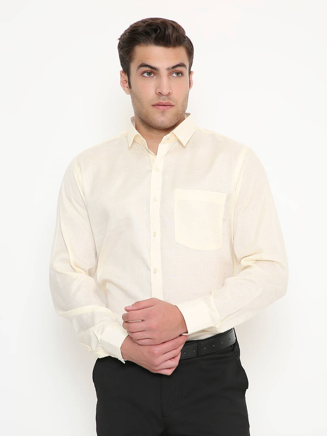 Maharaja Cotton Blend Slim Fit Full Sleeves Men's Formal Shirt - Beige ( Pack of 1 )