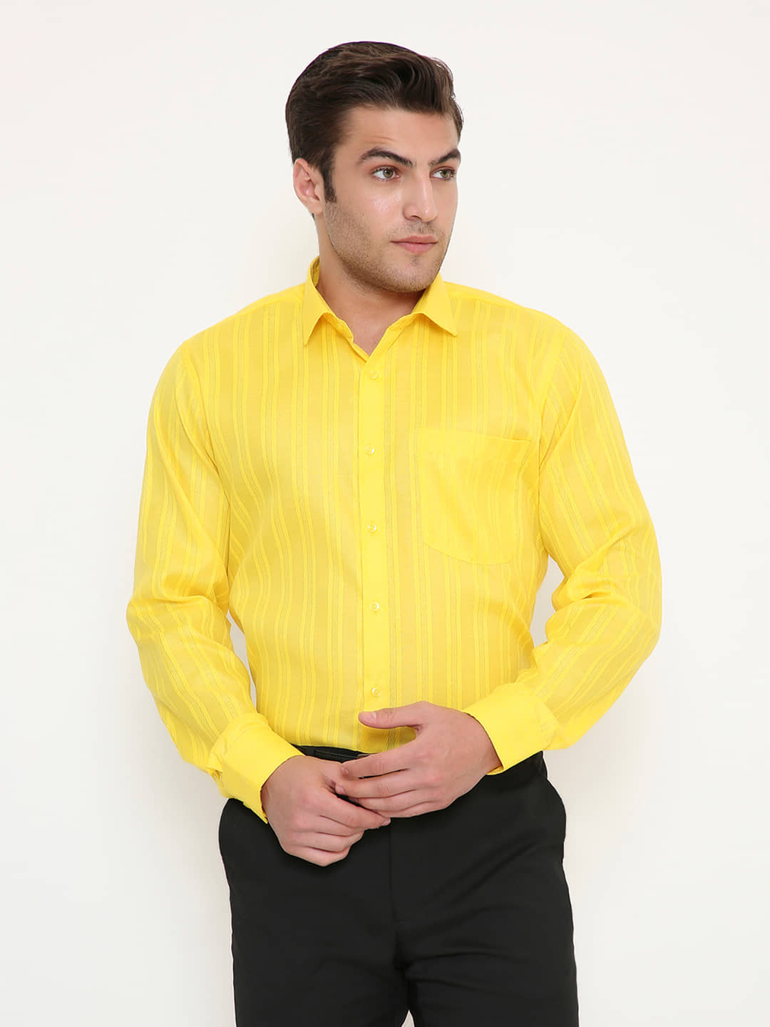 Maharaja Cotton Blend Slim Fit Full Sleeves Men's Formal Shirt - Yellow ( Pack of 1 )