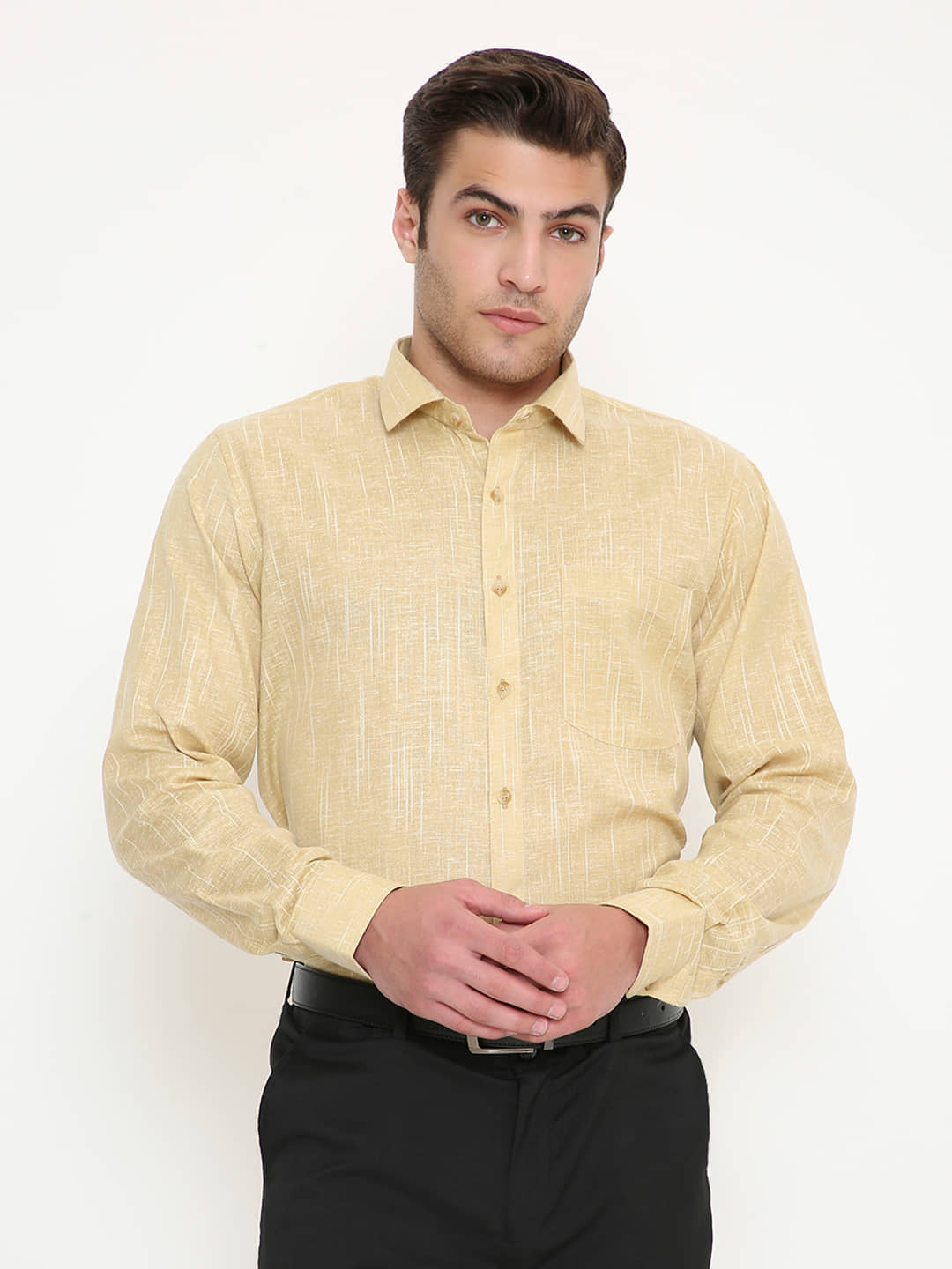 Maharaja Cotton Blend Slim Fit Full Sleeves Men's Formal Shirt - Yellow ( Pack of 1 )