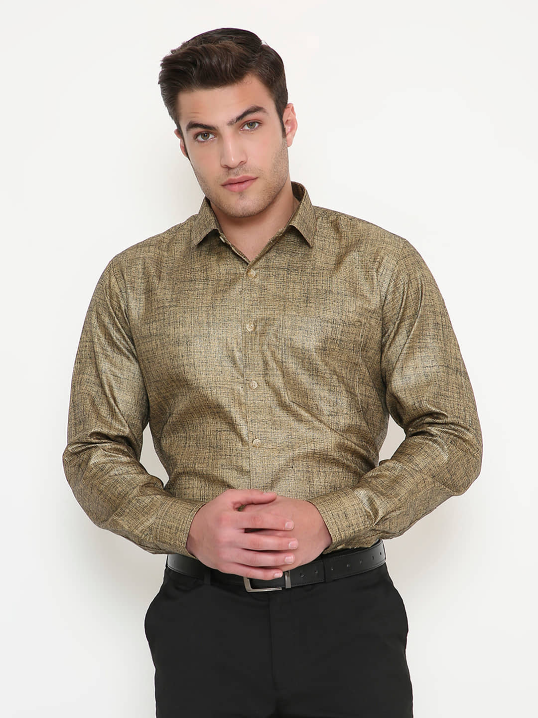 Maharaja Cotton Blend Slim Fit Full Sleeves Men's Formal Shirt - Gold ( Pack of 1 )
