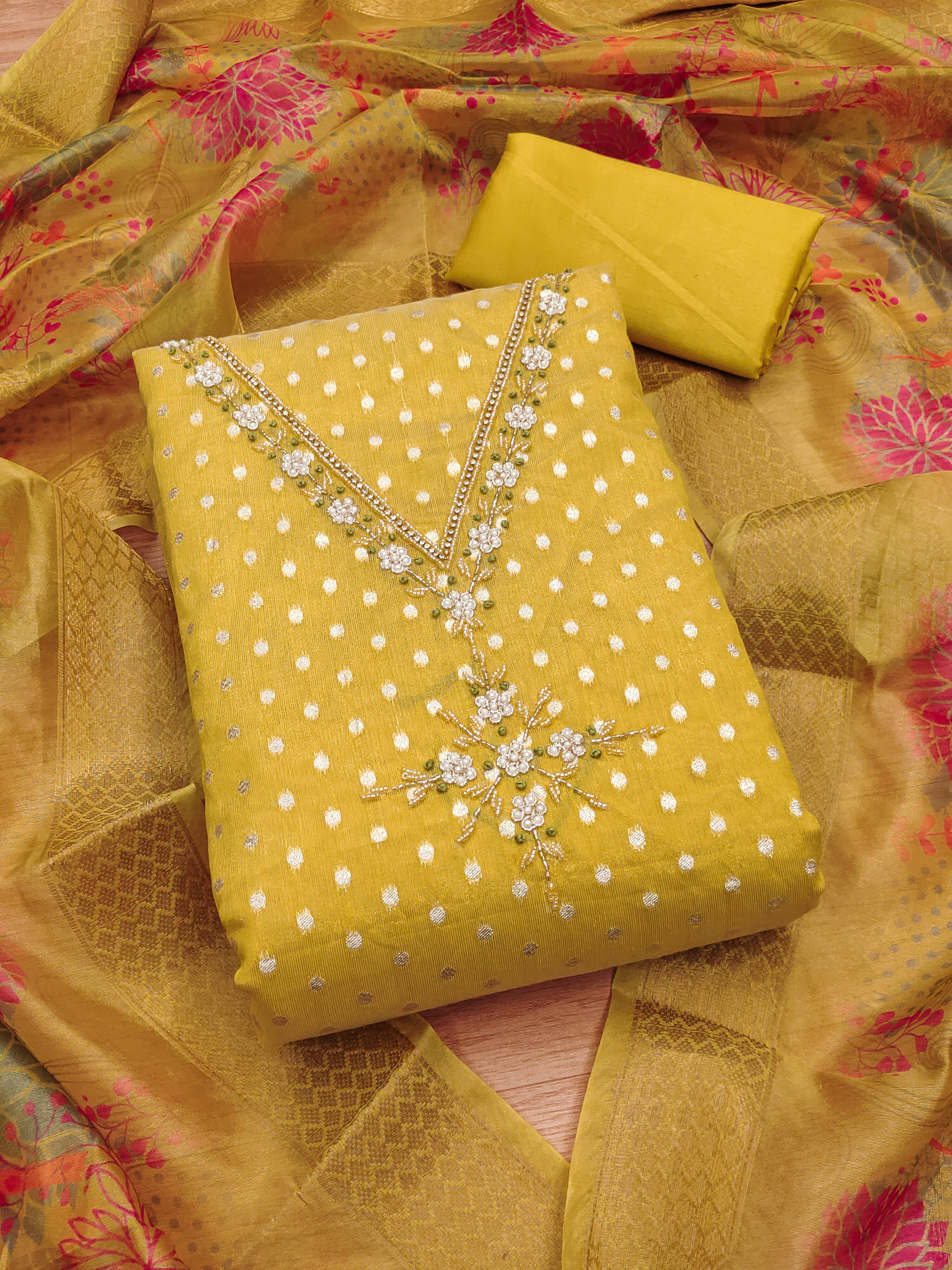 Panbai sarees Women Shimmer Unstitched Dress Material ( Yellow )     			Panbai sarees Women Shimmer Unstitched Dress Material ( Yellow )