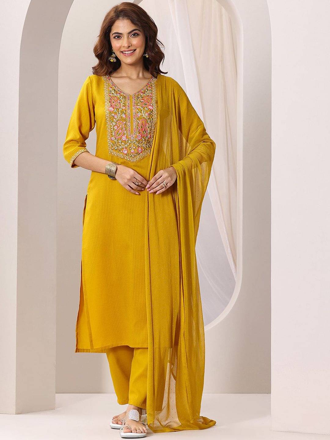     			SAREEKART FAB Women Rayon Embroidered A-line Kurti With Pants ( Mustard )